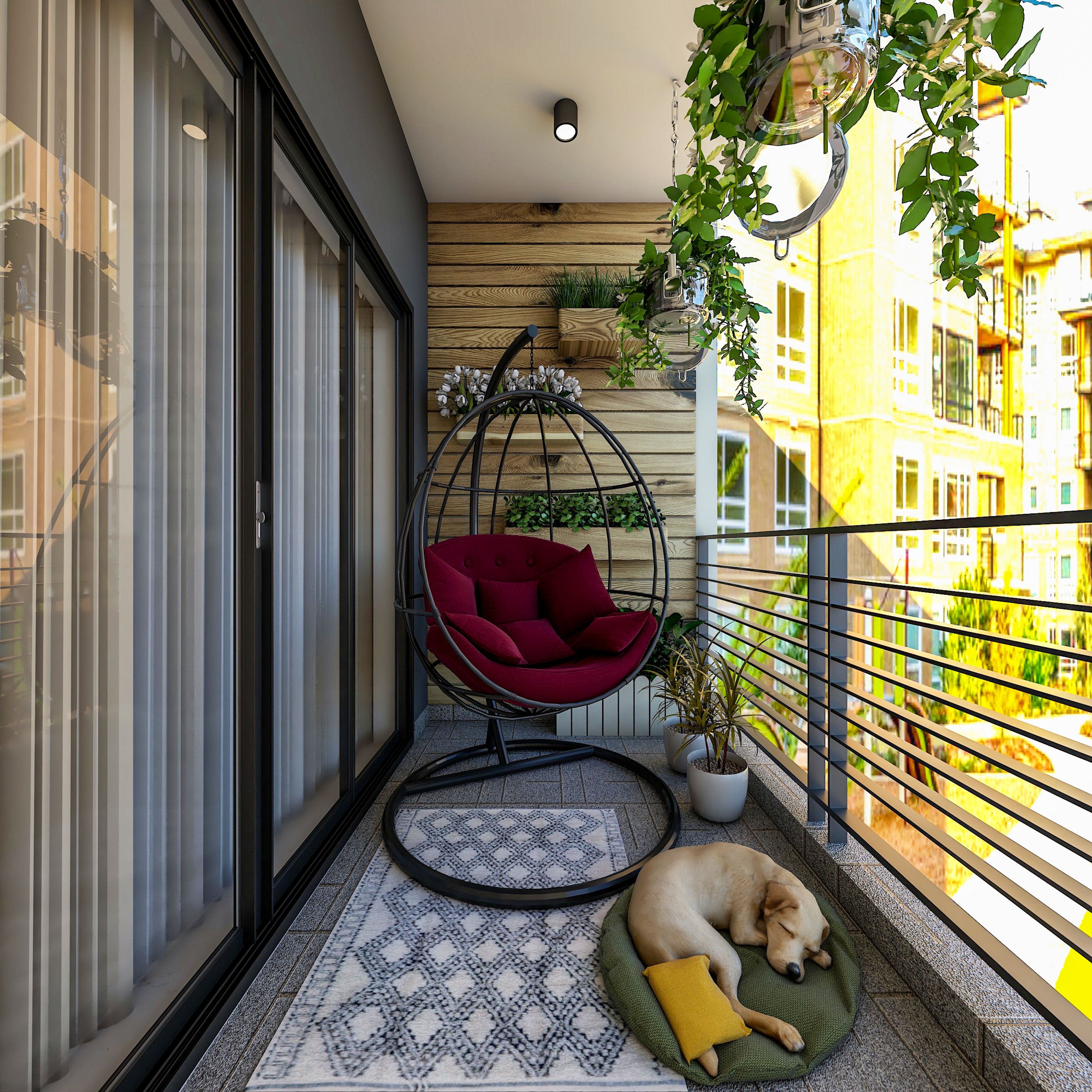 Tiled Floor Contemporary Compact Balcony Design with Surface Lights