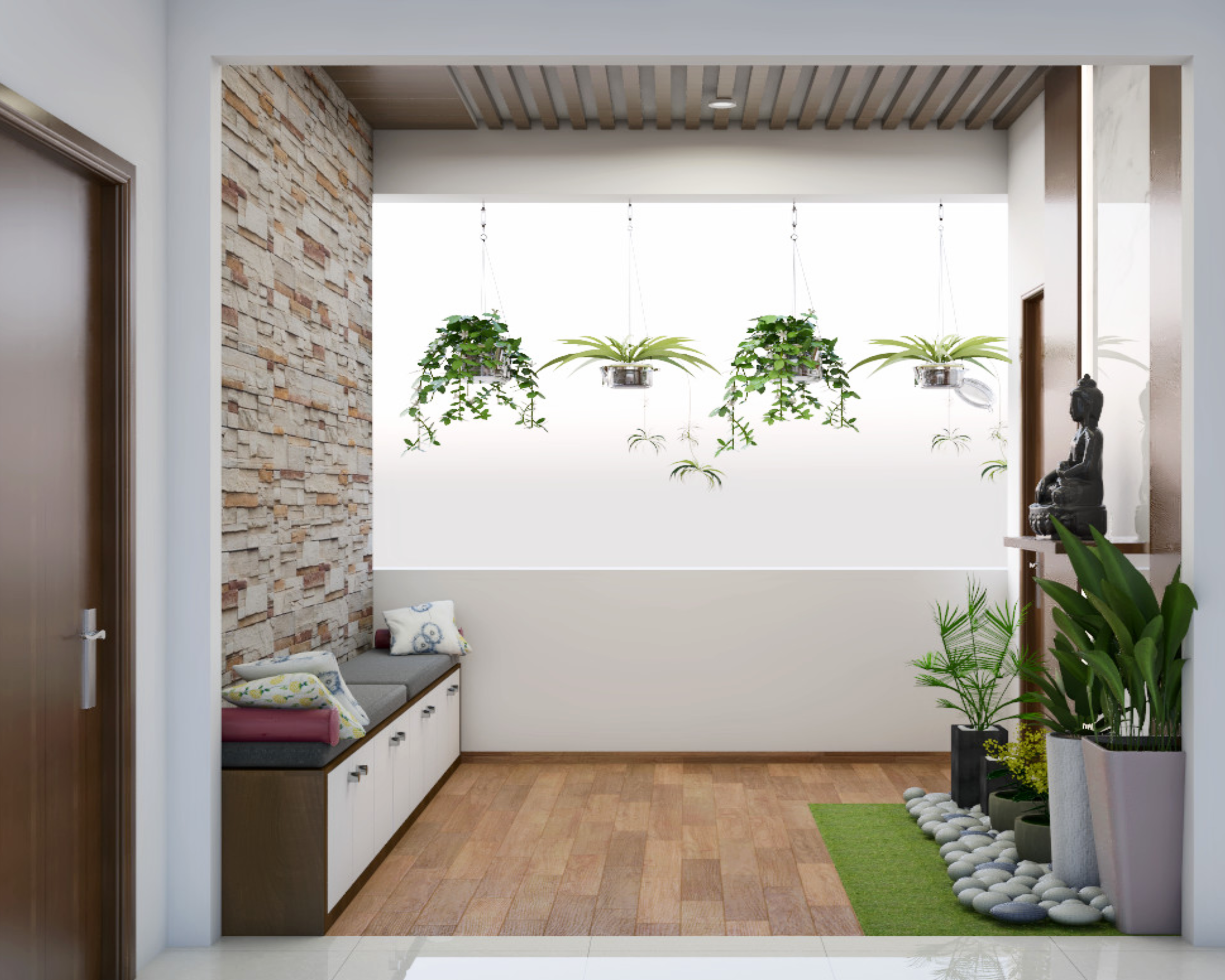 Modern Spacious Balcony Design with Long Seating and Storage Unit