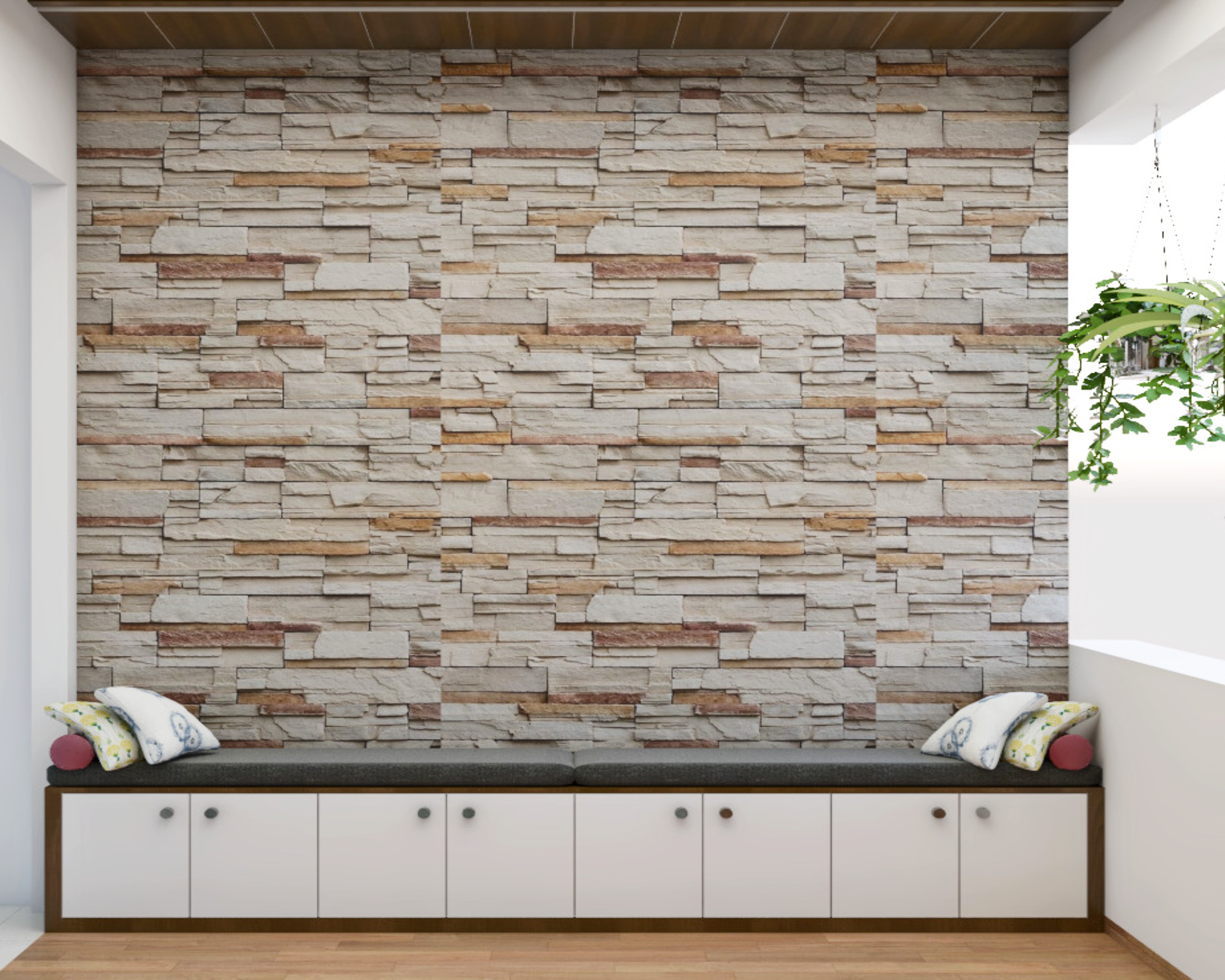 Modern Spacious Balcony Design with Long Seating and Storage Unit - Livspace