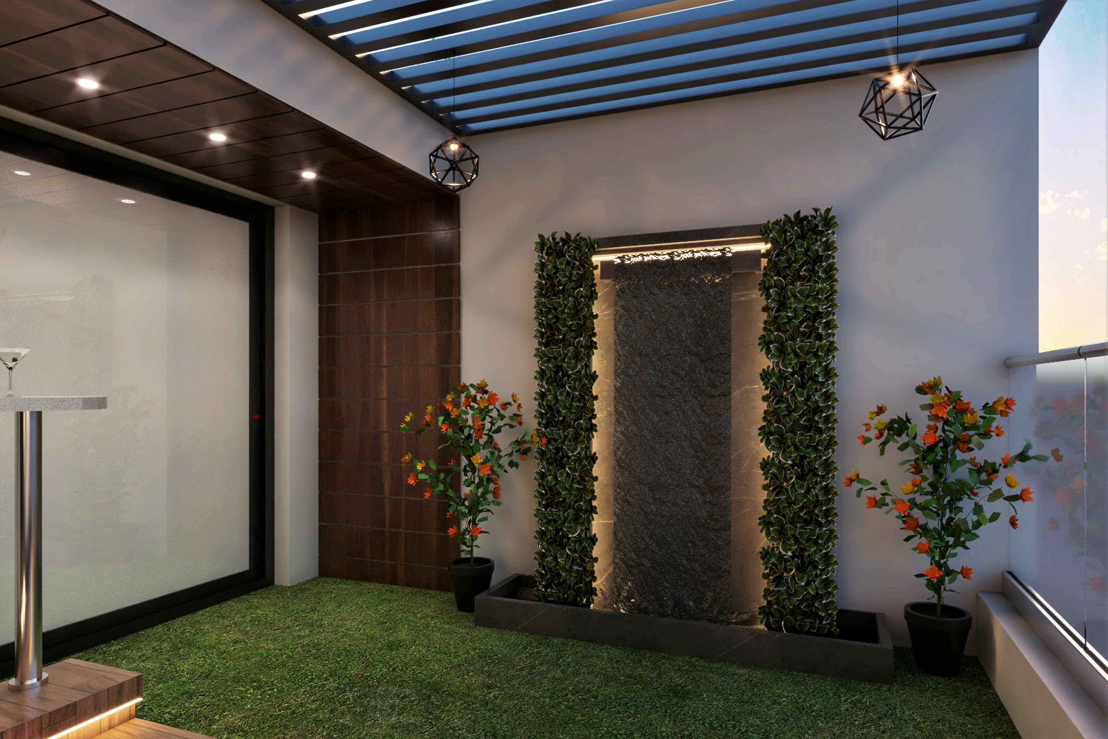 Half Open Compact Modern Balcony Design with Fountain Feature