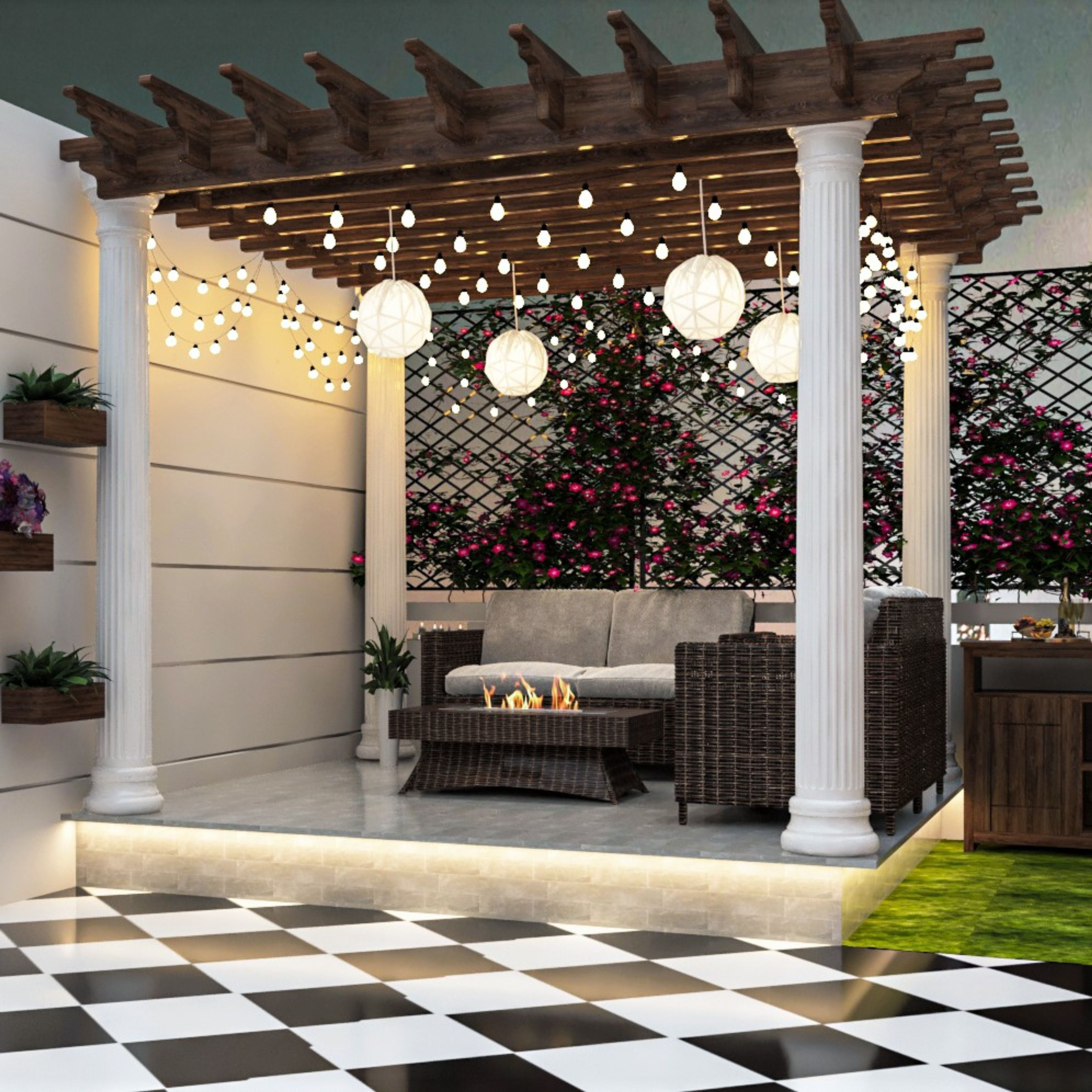 Luxurious Farmhouse Balcony Design with Hanging Lights and Sofa Set