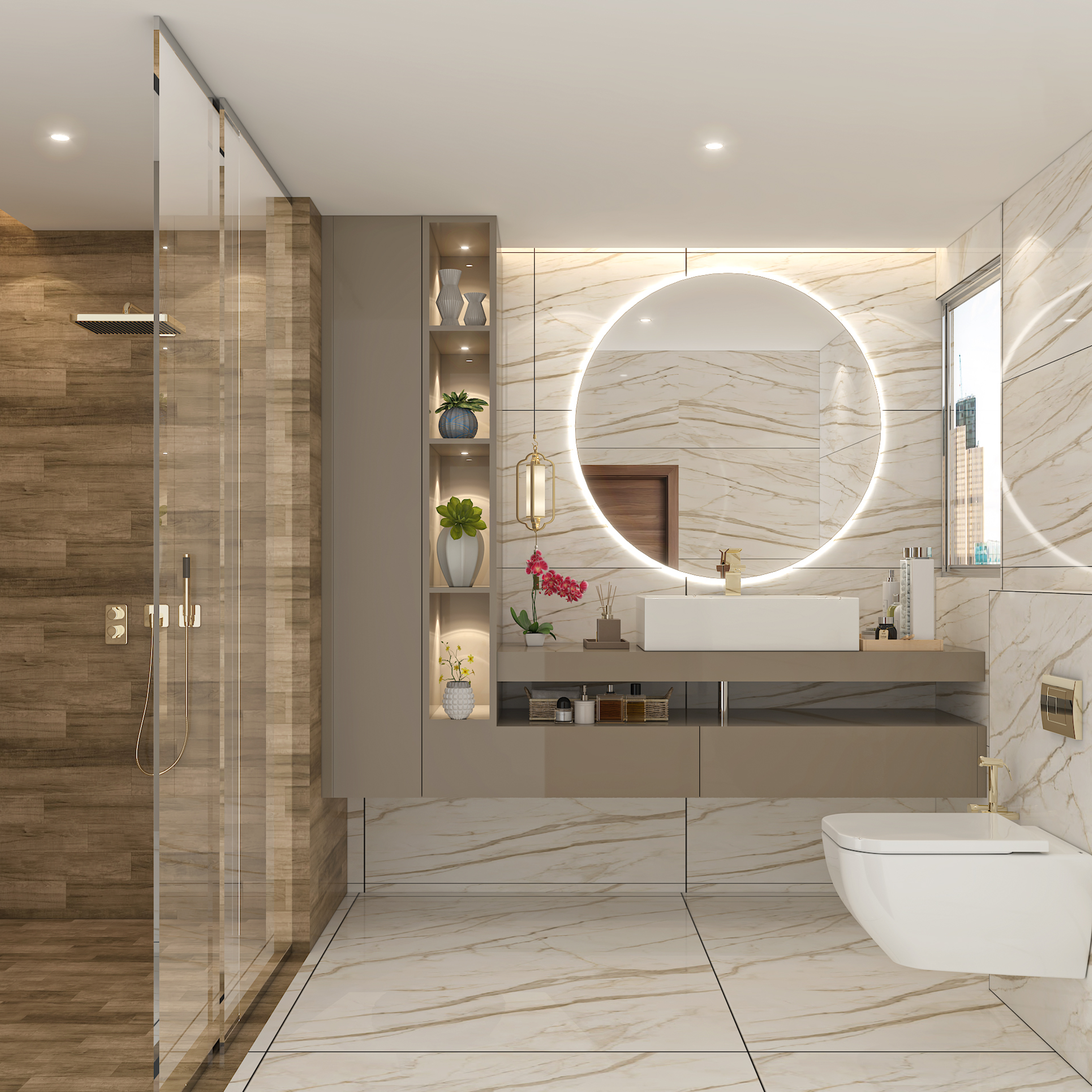 Contemporary Vast Bathroom Design With Storage Space