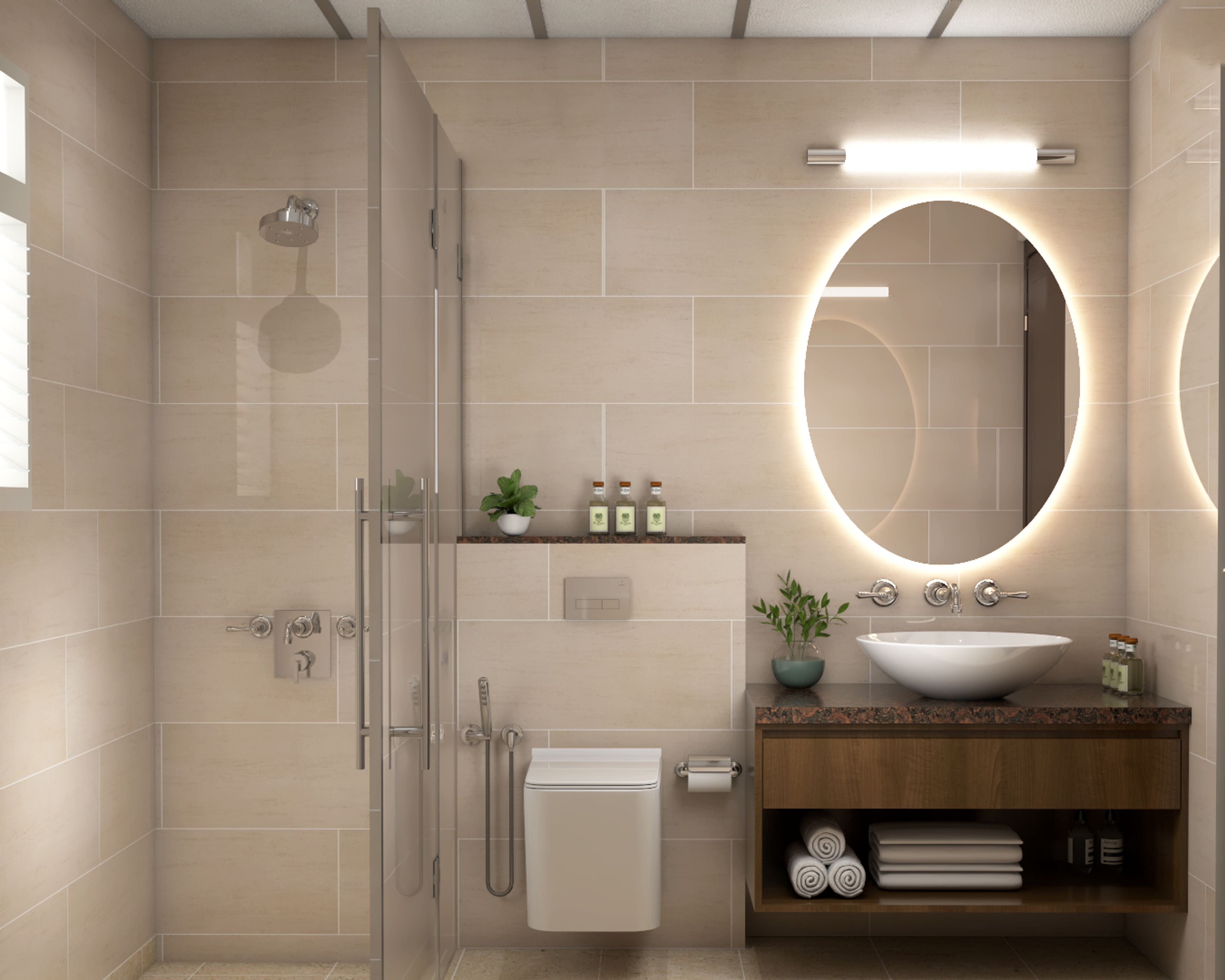 Beige Toned Modern Bathroom Design With Spacious Layout