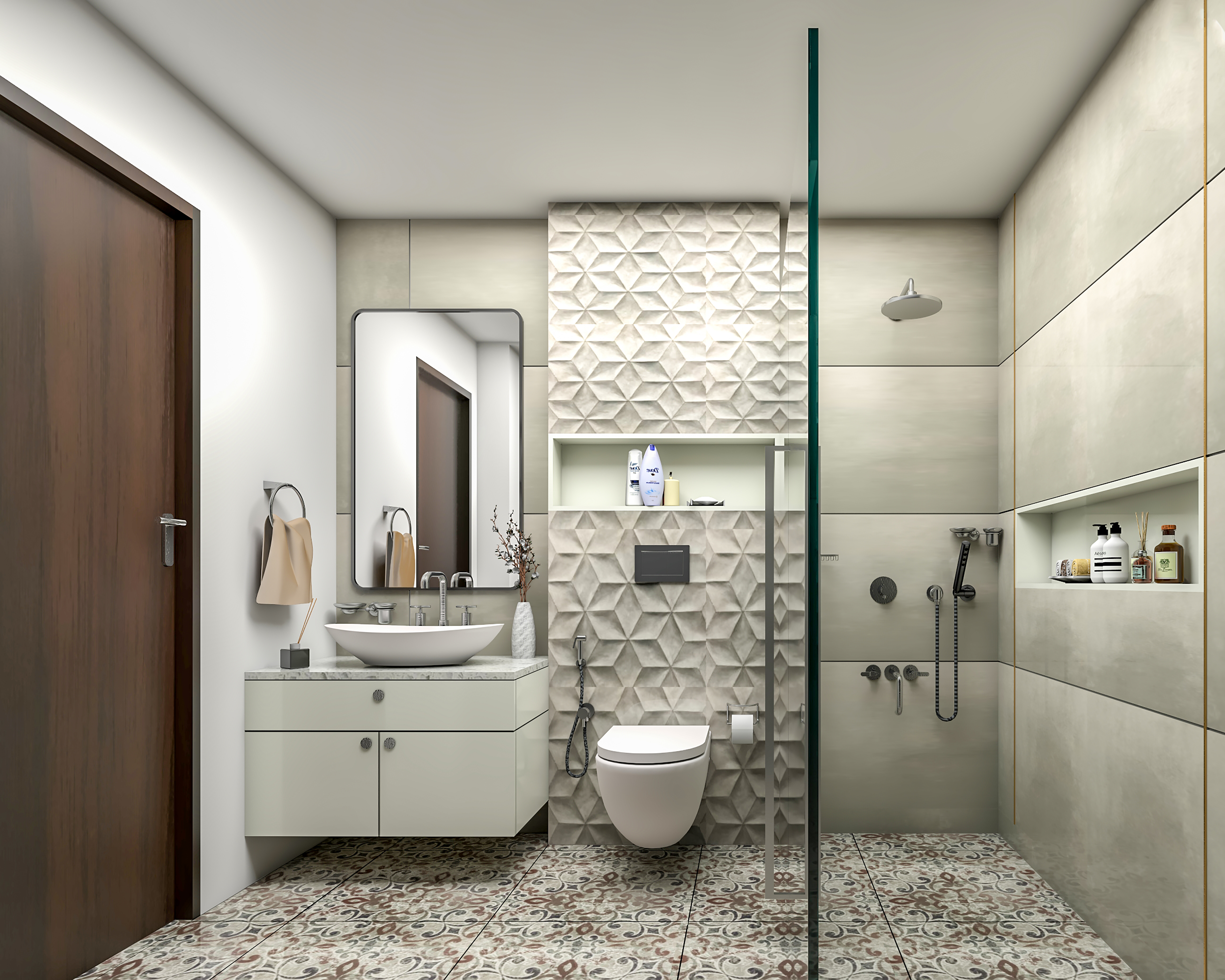 Modern Geometric Patterned Spacious Bathroom Design