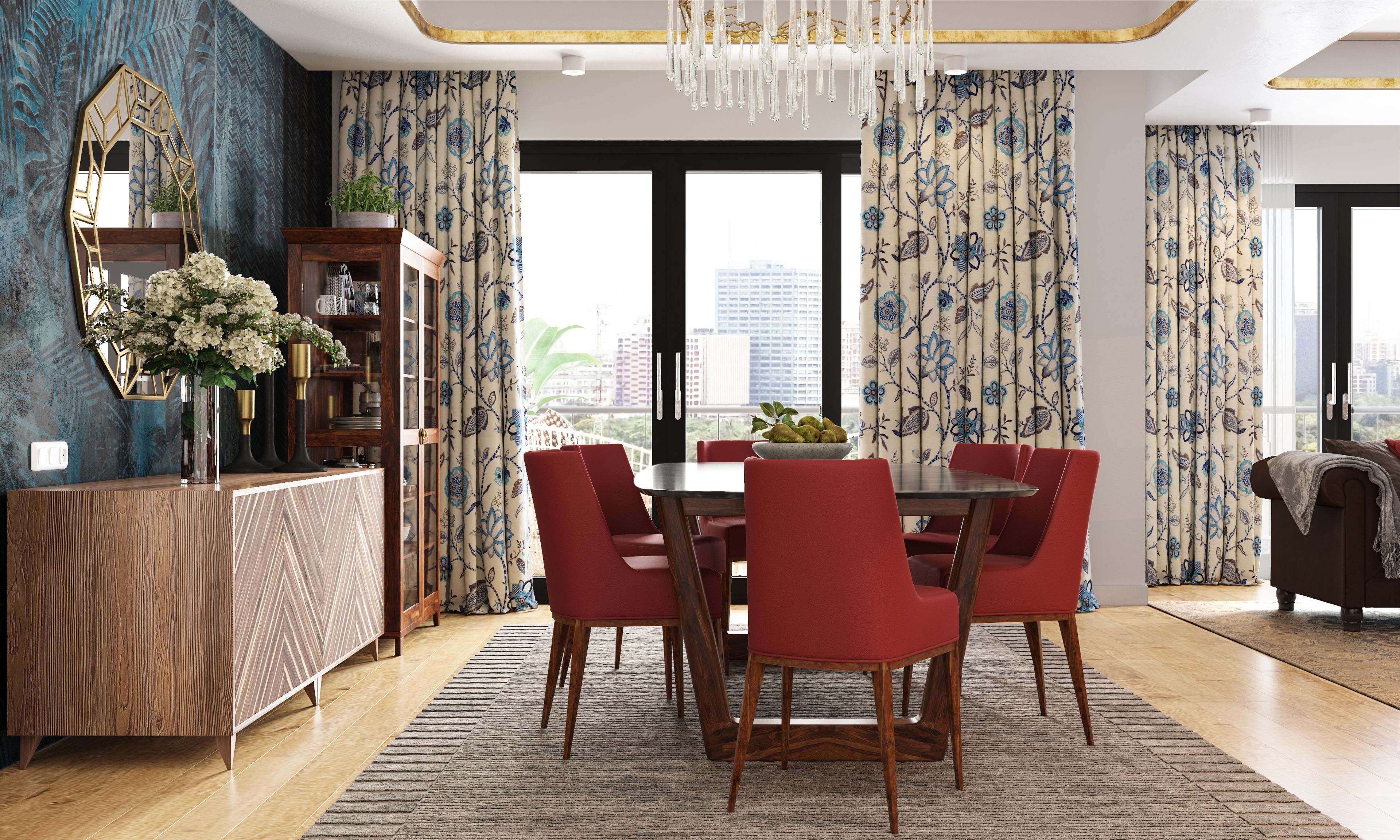 Spacious 6-Seater Dining Room Design with Crockery Unit and Mirror - Livspace