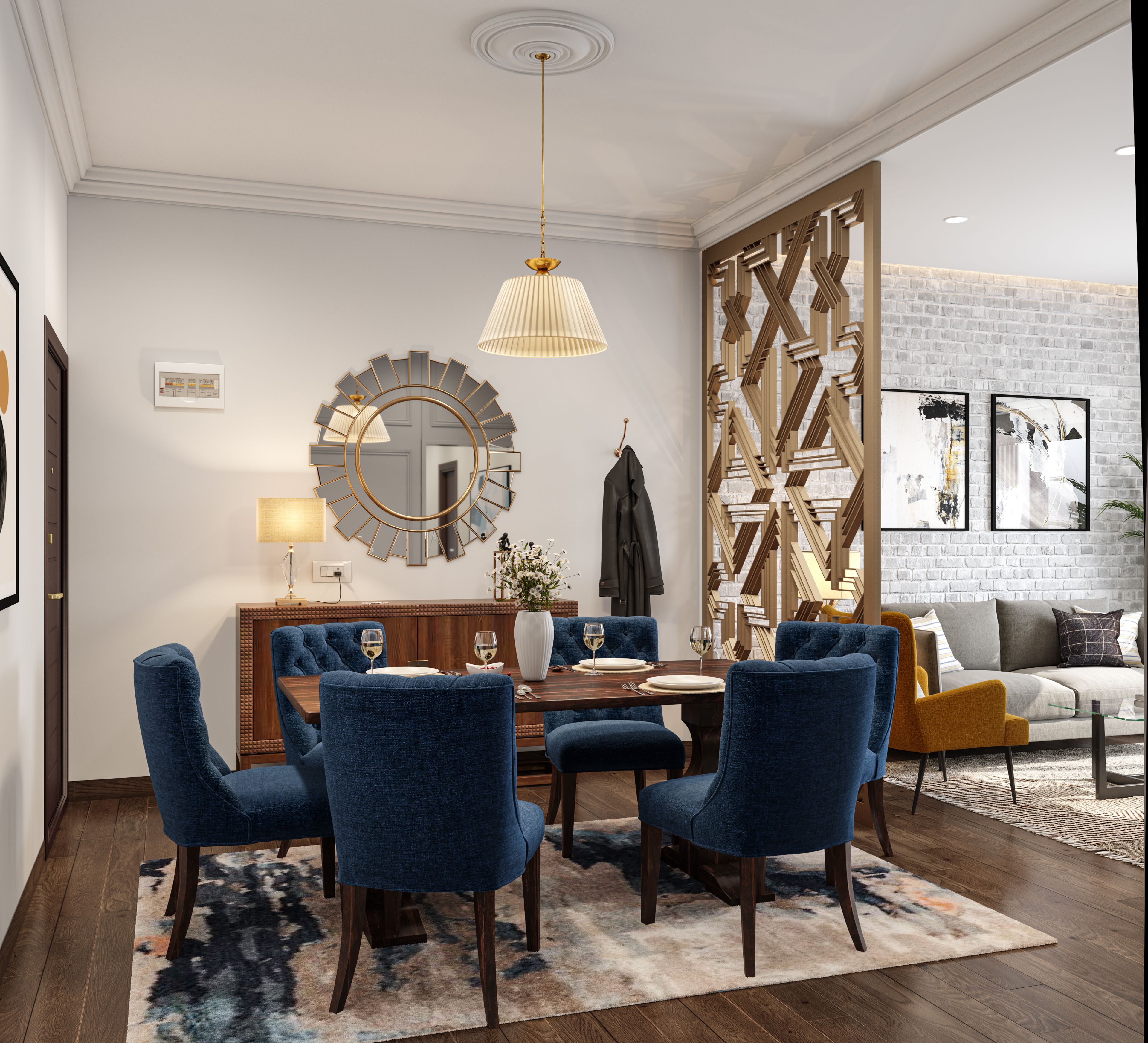 Compact 4-Seater Dining Room with Crockery Unit and Potted Plant - Livspace