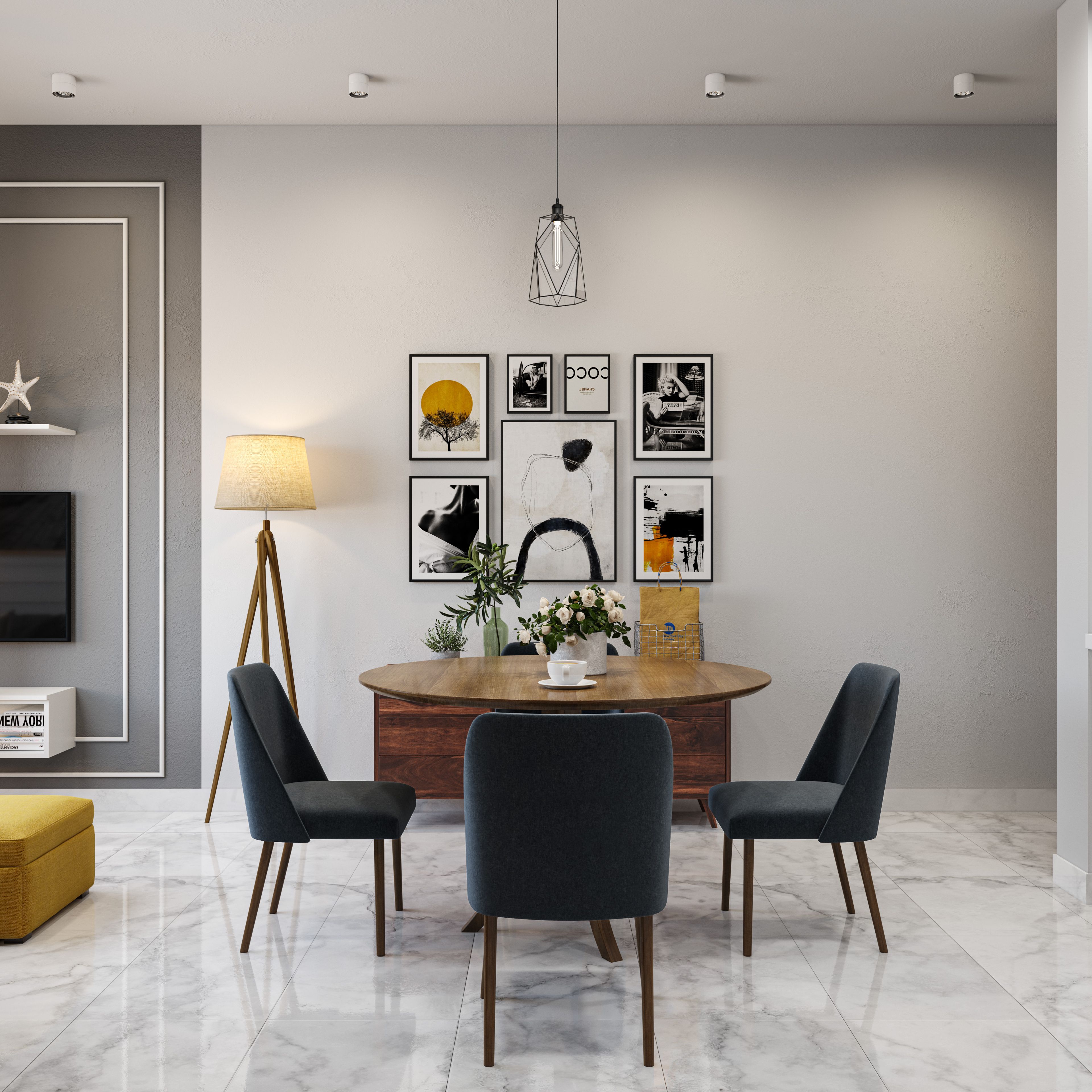 Modern Spacious 4-Seater Dining Room Design with Wall Frames