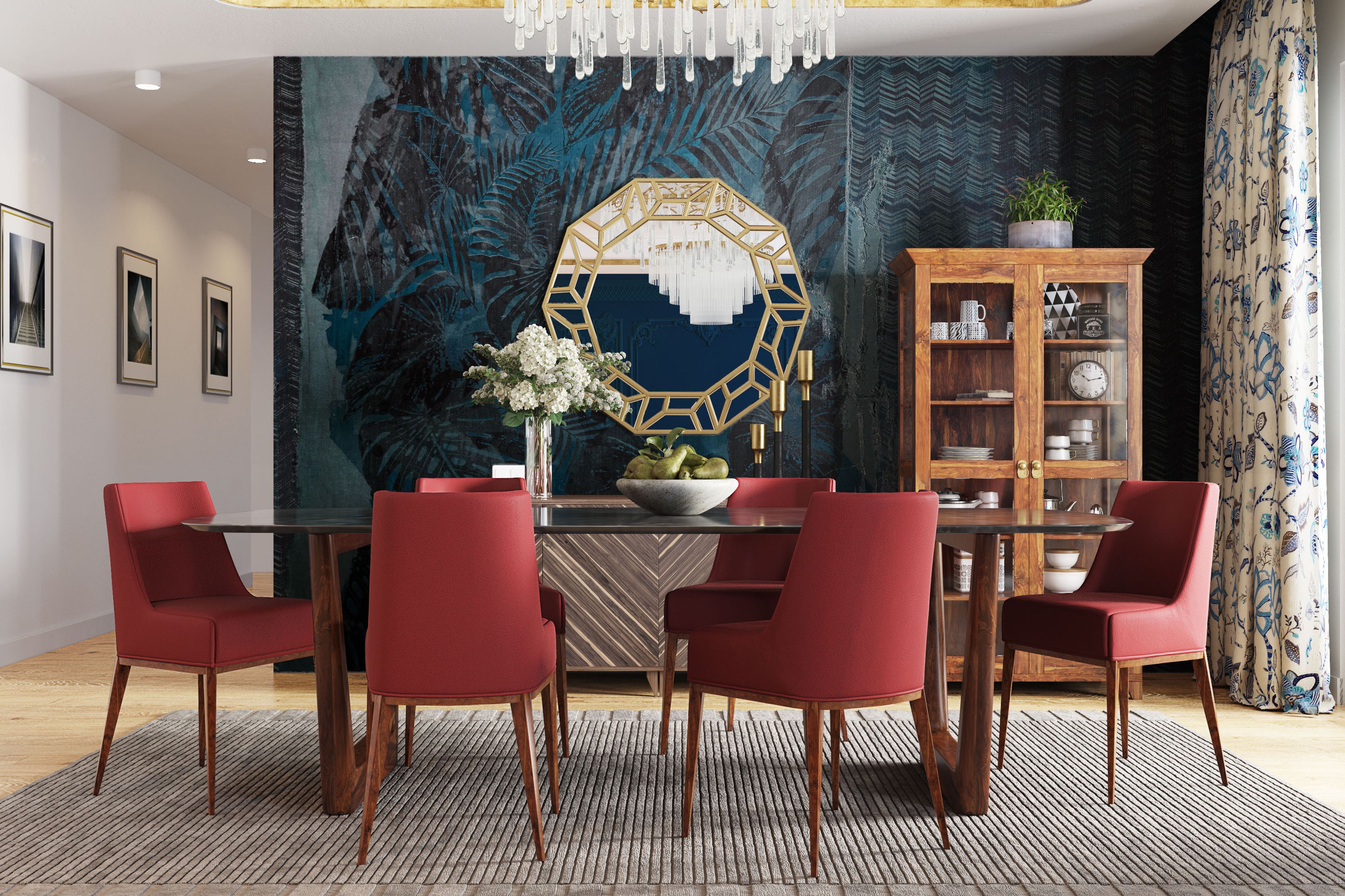 Spacious 6-Seater Dining Room Design with Crockery Unit and Mirror
