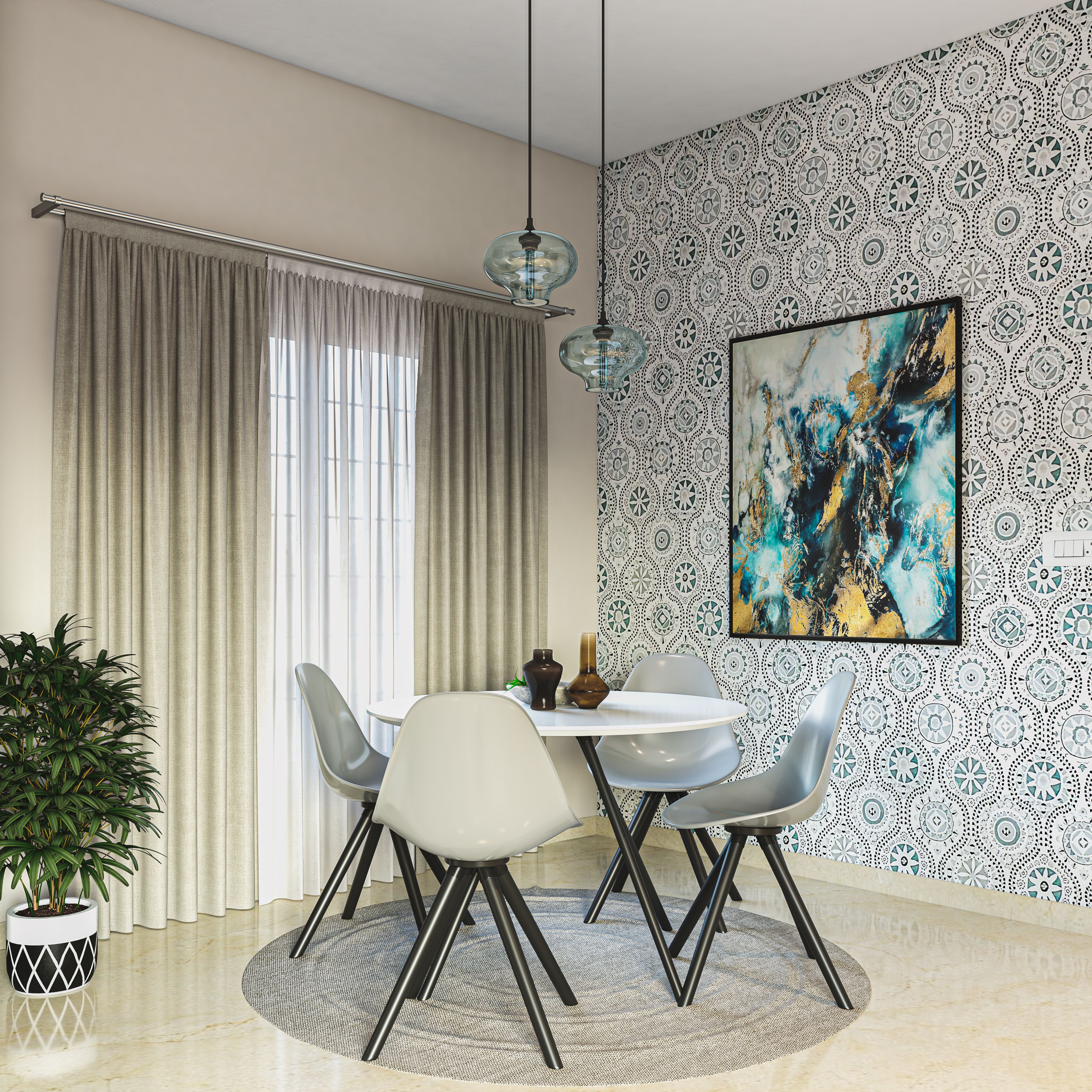 Compact 4-Seater Dining Room with Printed Wall and Potted Plant