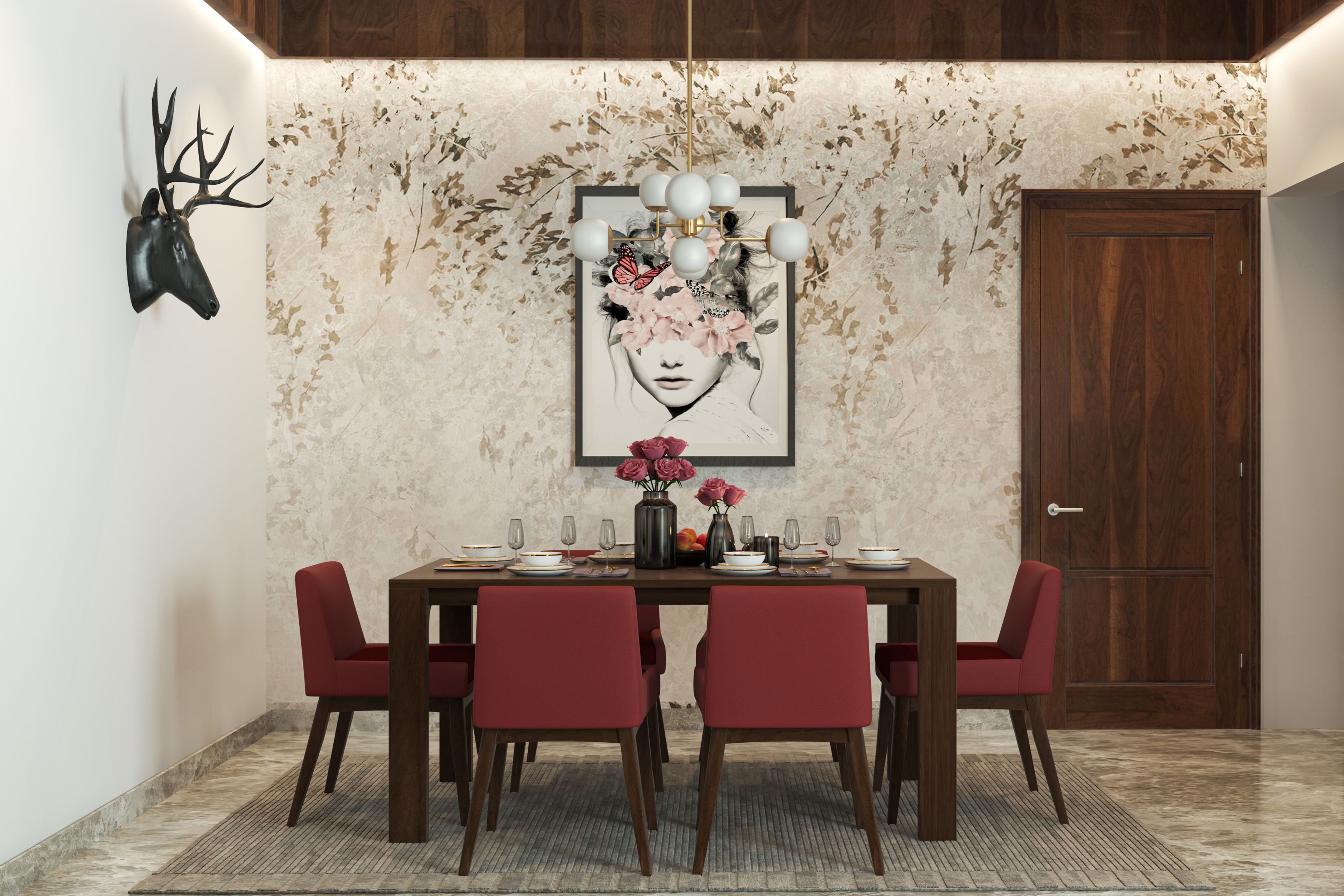 Bull Horn 6-Seater Dining Room with Wallpaper and Chandelier - Livspace