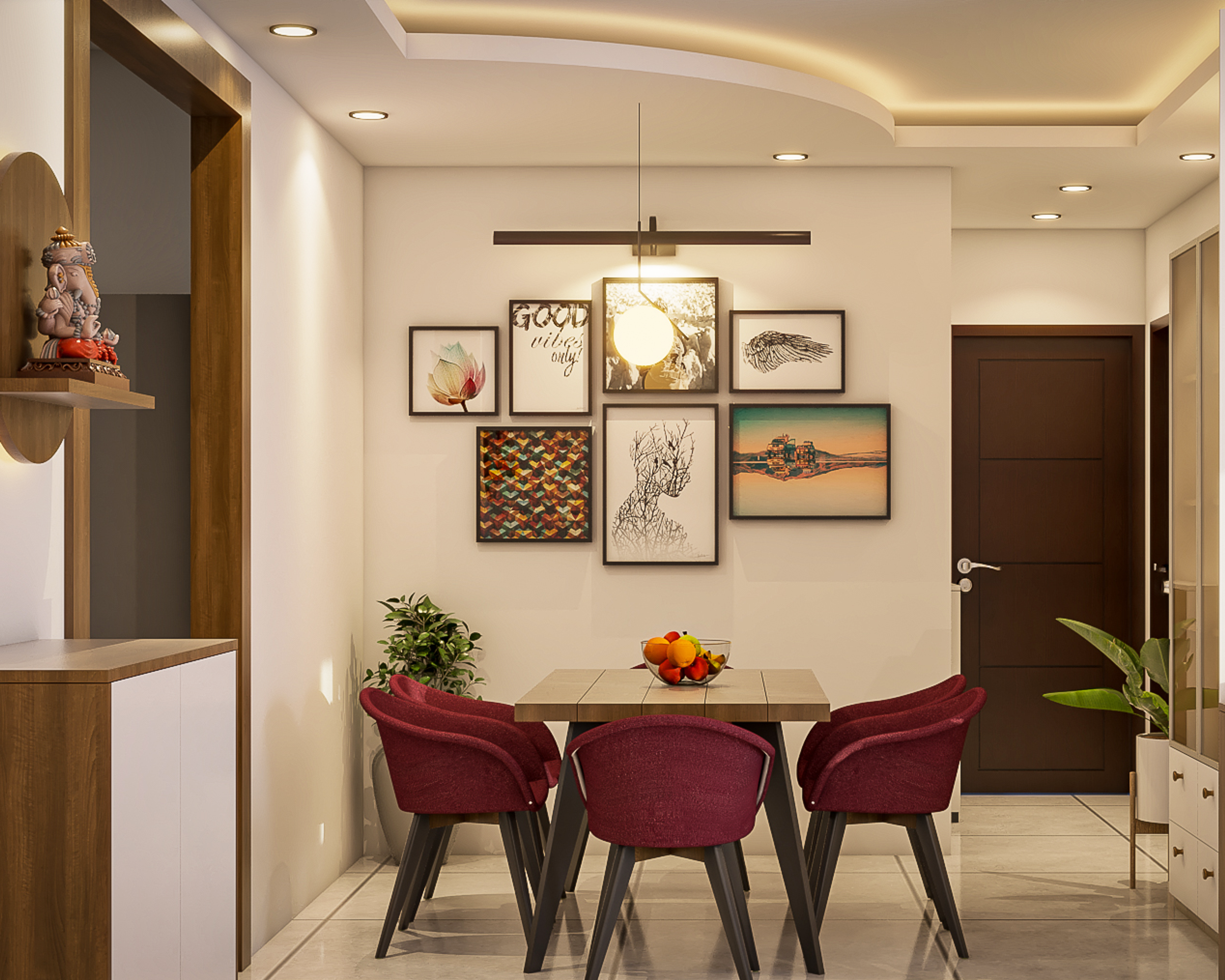 Modern Wood and Red Dining Room Design with Potted Plants