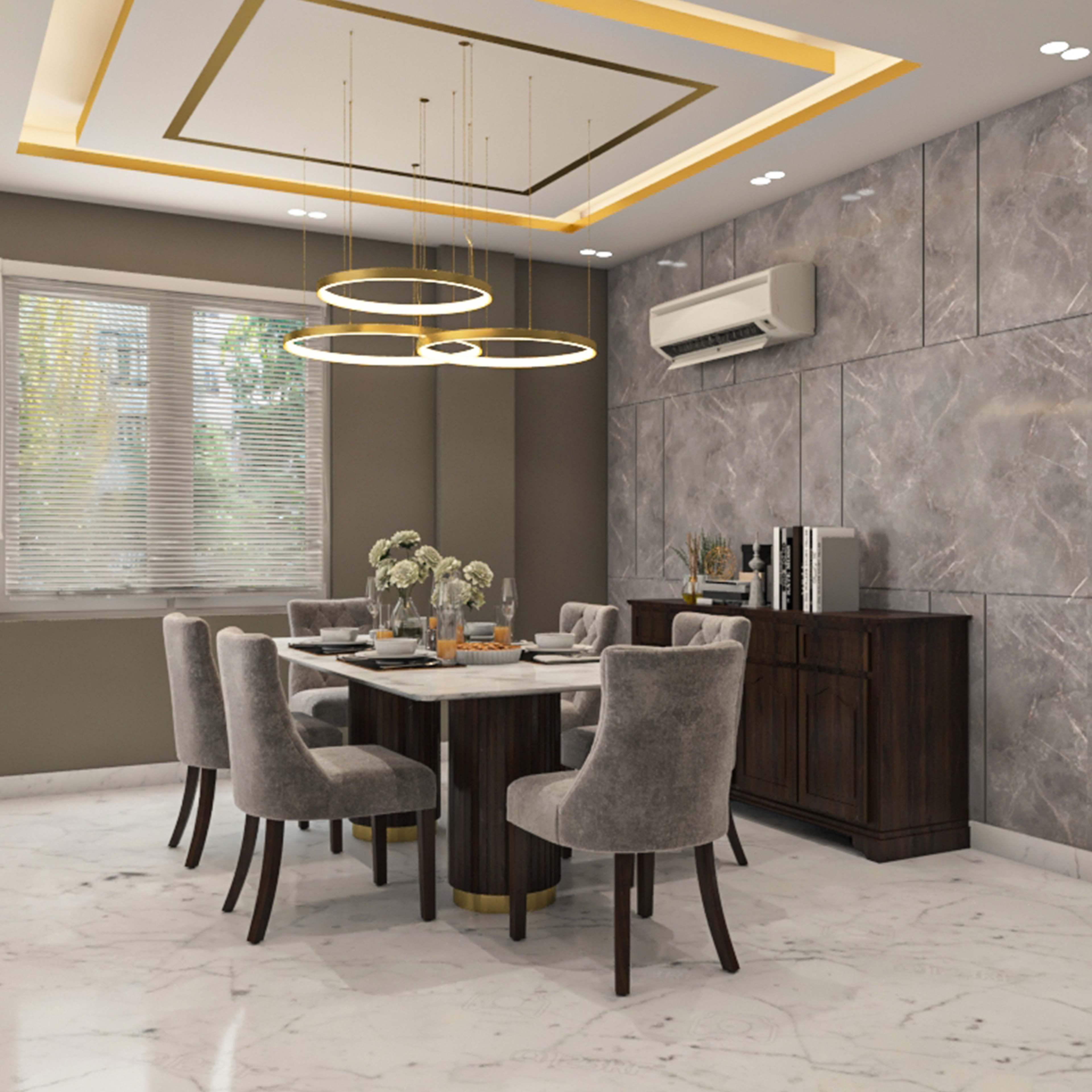 Contemporary 6-Seater Dining Room Design Idea with Marble Finish