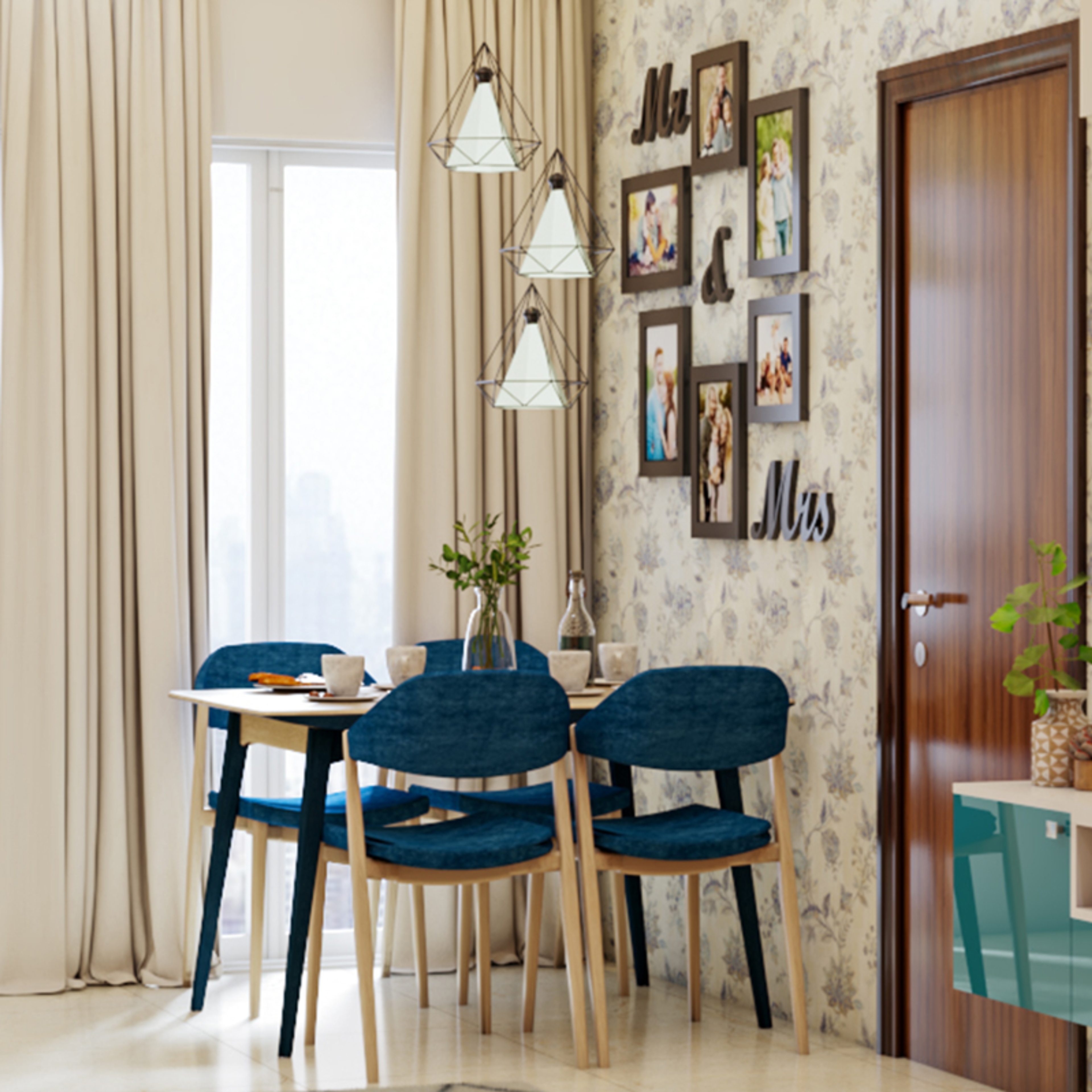 Modern Blue Dining Chairs 4-Seater Dining Room Design Idea