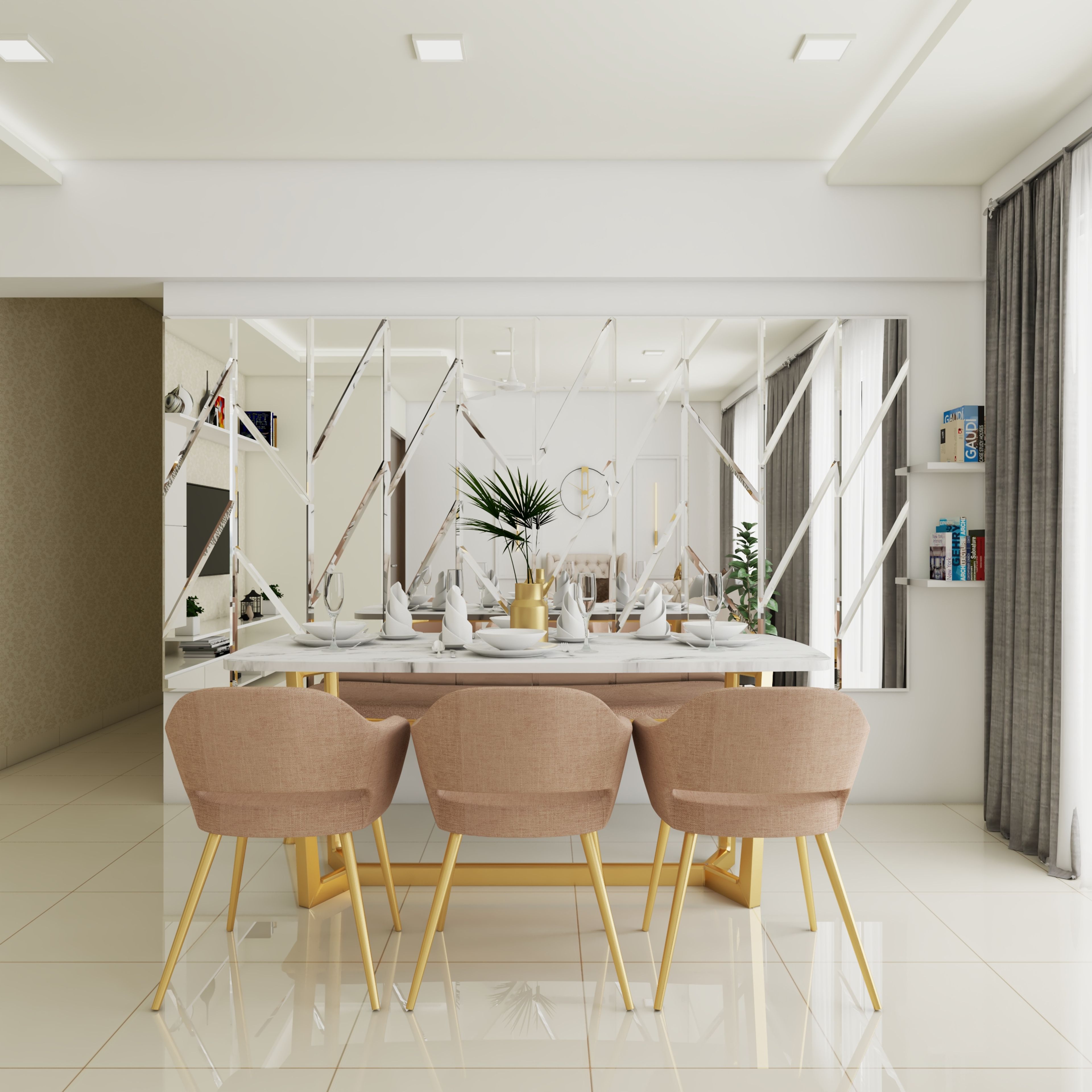 Golden Pink 6-Seater Dining Room with Mirror and Book Shelves