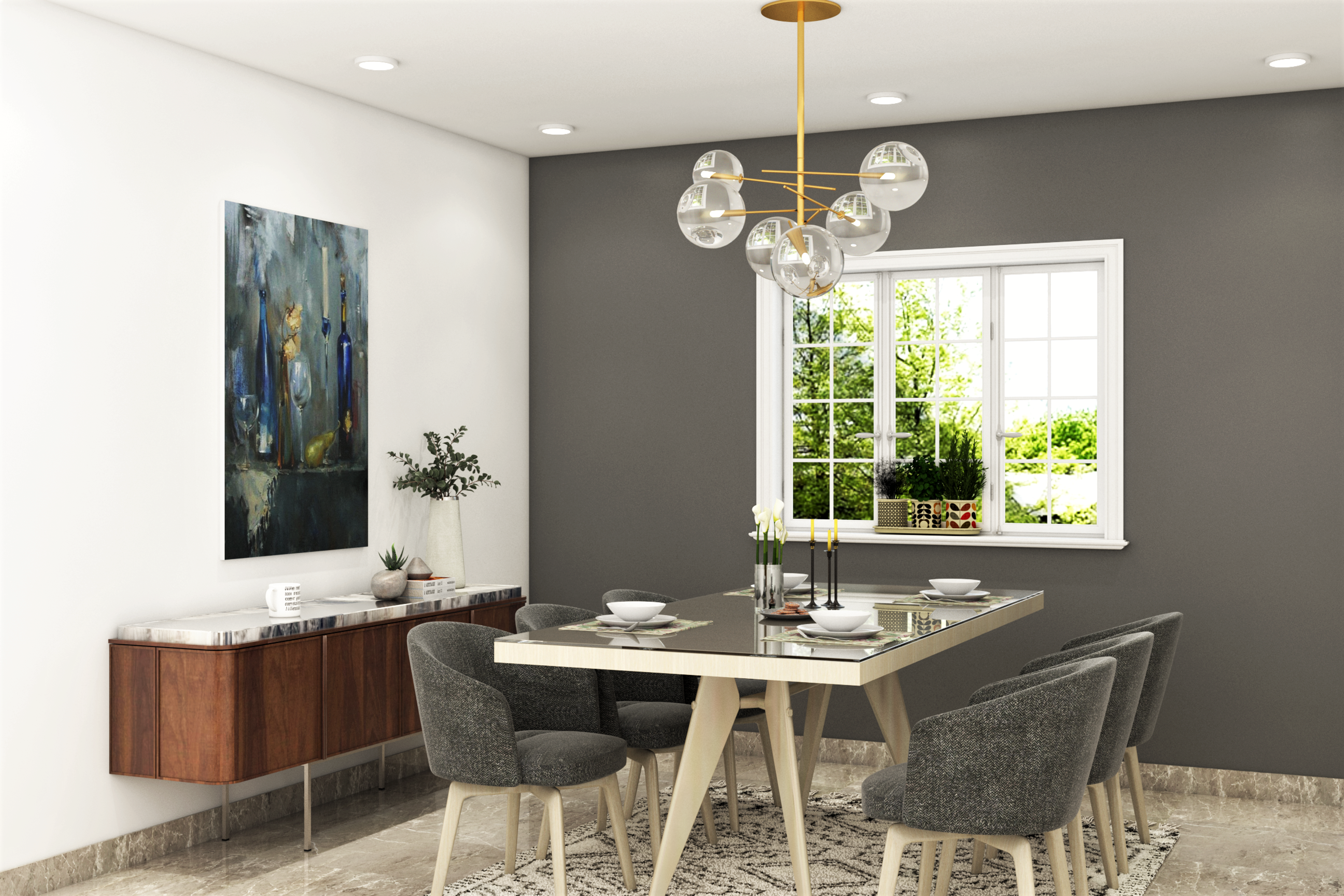 Grey Wood Compact 6-Seater Dining Room Design with Storage Unit