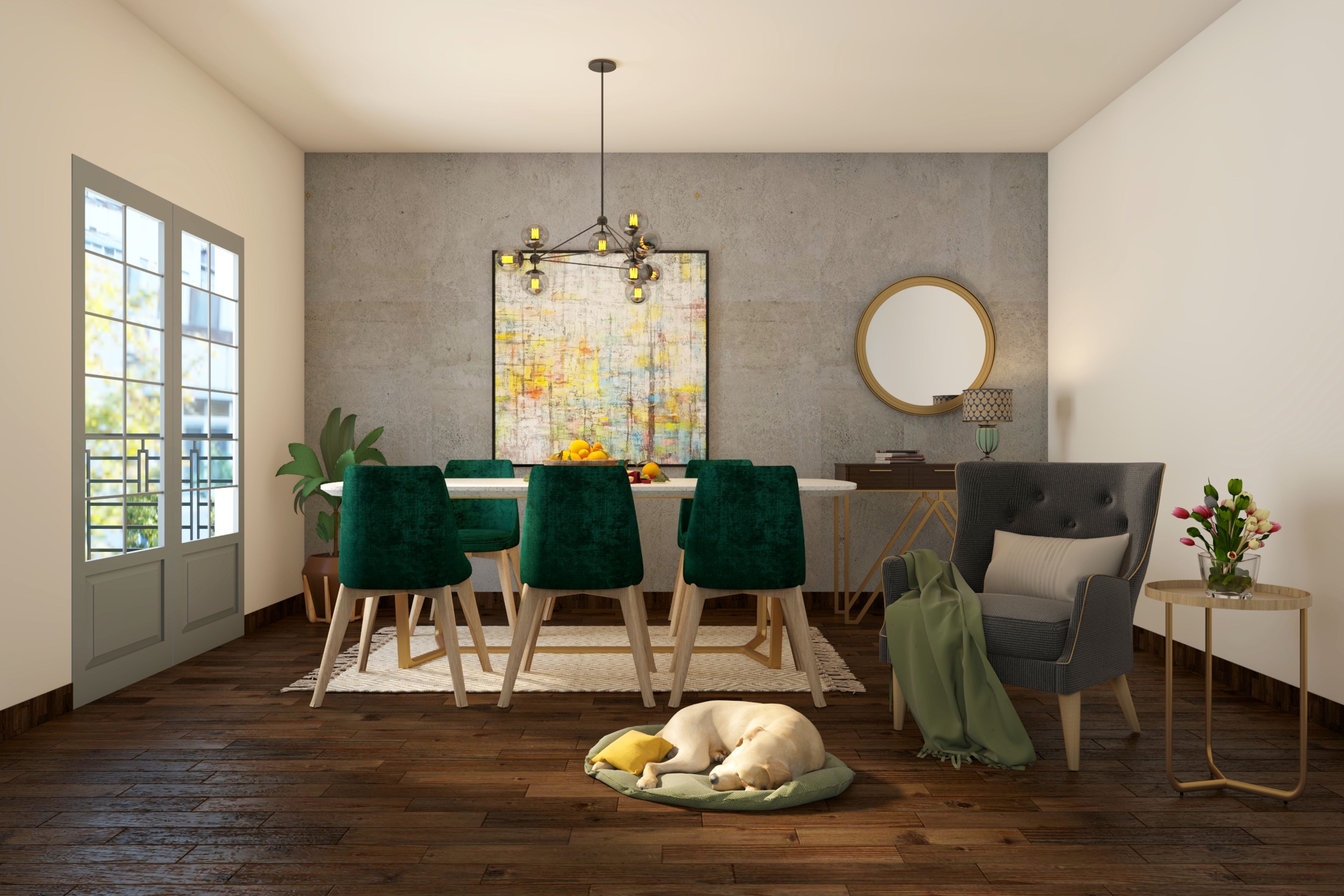 Green and Wood Modern 6-Seater Dining Room Design