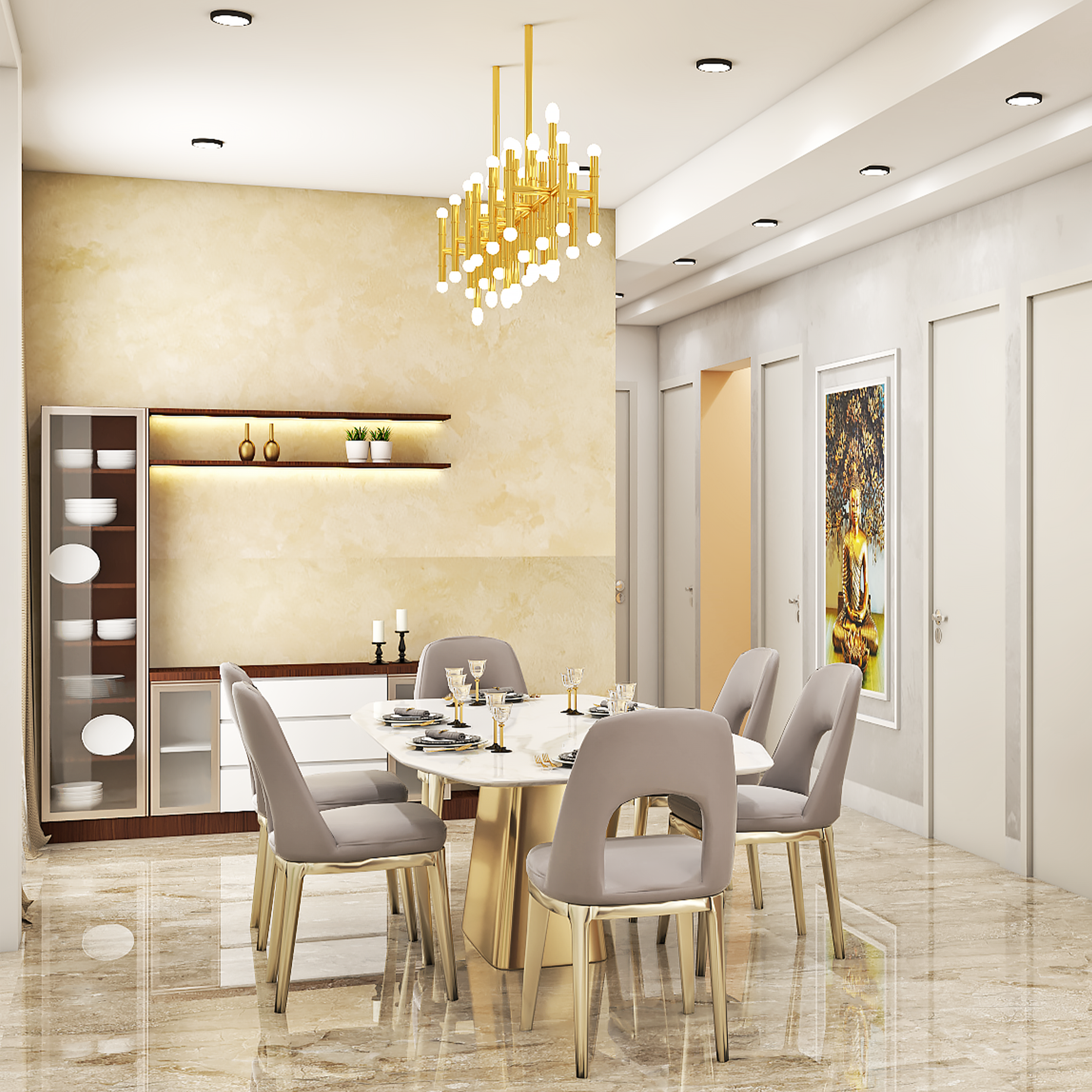 Modern Golden 6-Seater Dining Room Design with Crockery Unit