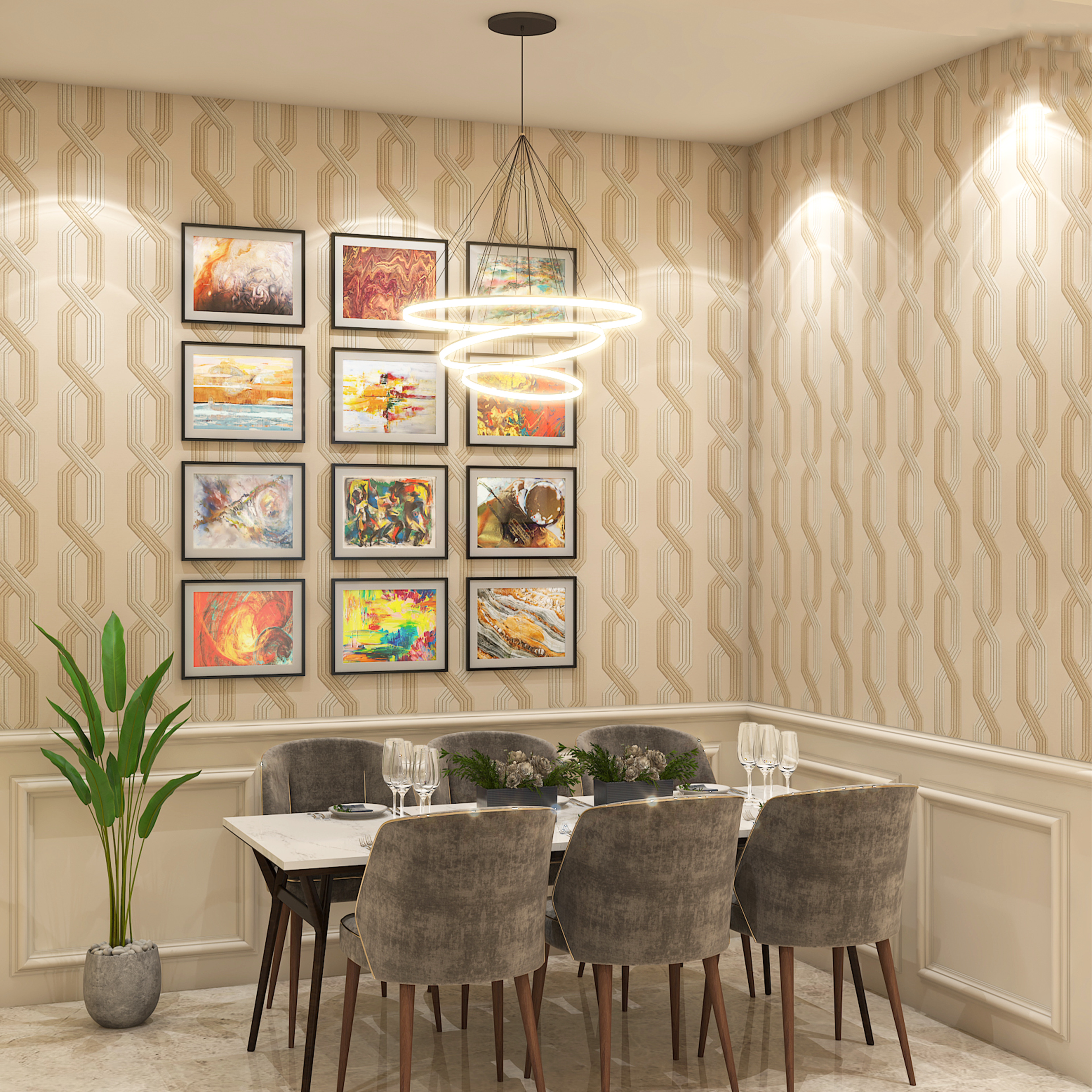 Modern 6-Seater Dining Room Design with Wallpaper and Wall Art