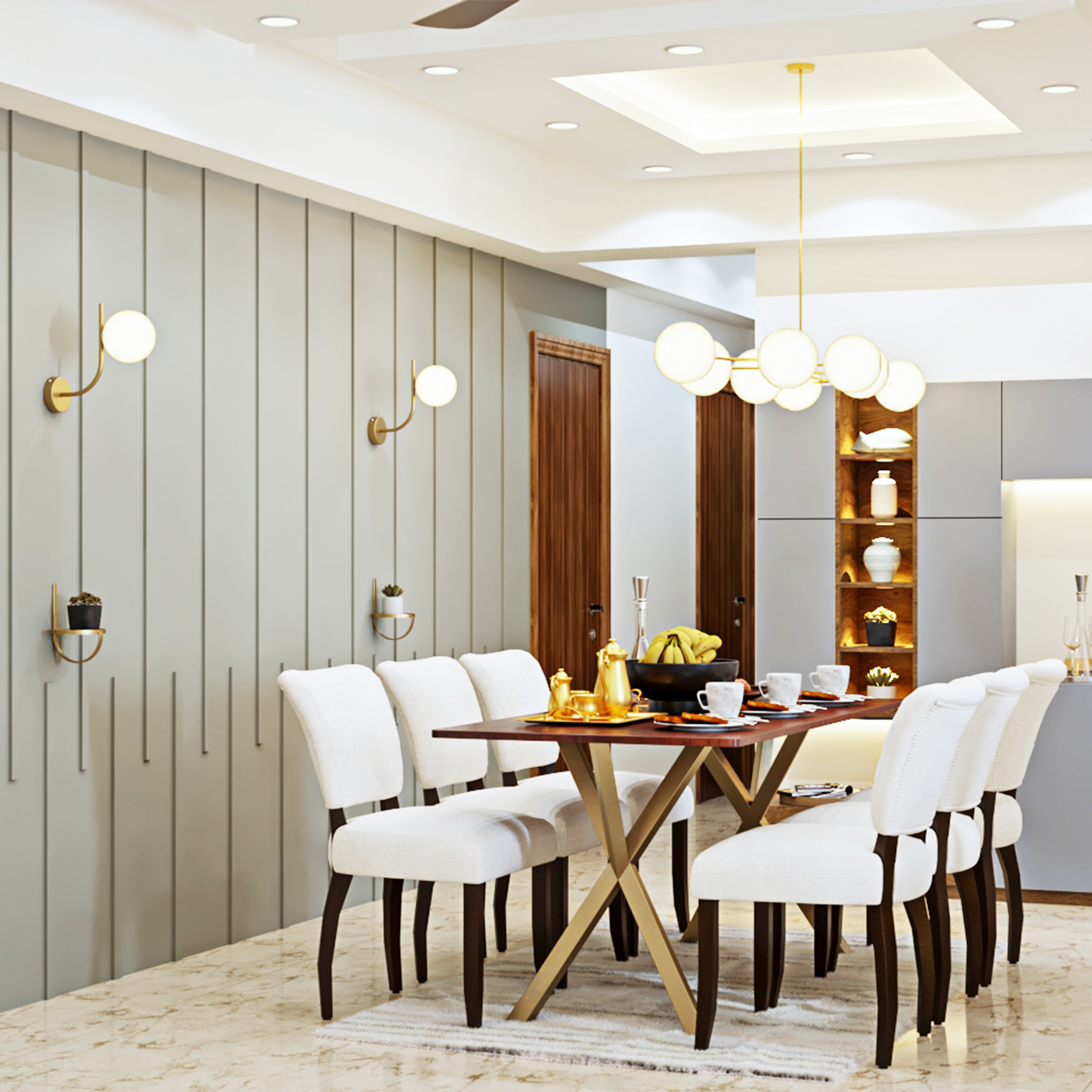 White Minimal 6-Seater Dining Room Design with Crockery Unit