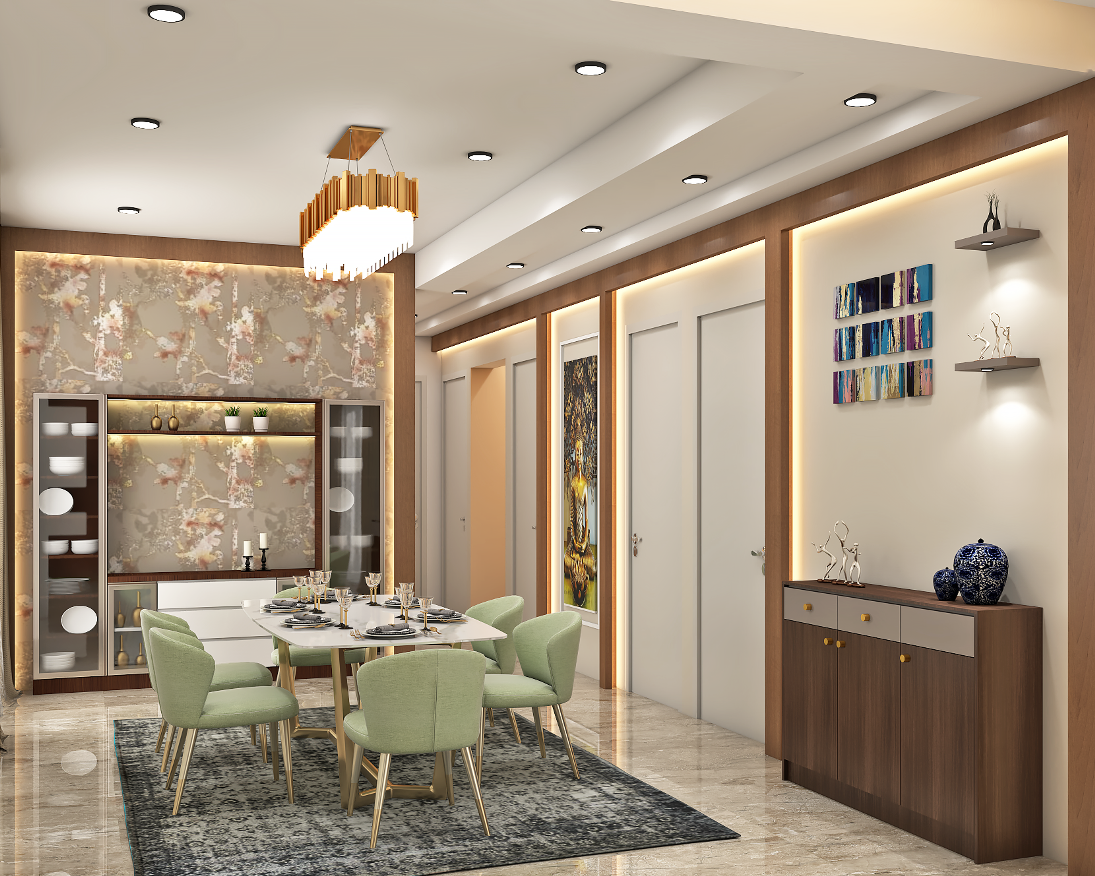 Metal Finish Modern 6-Seater Dining Room with Crockery Unit