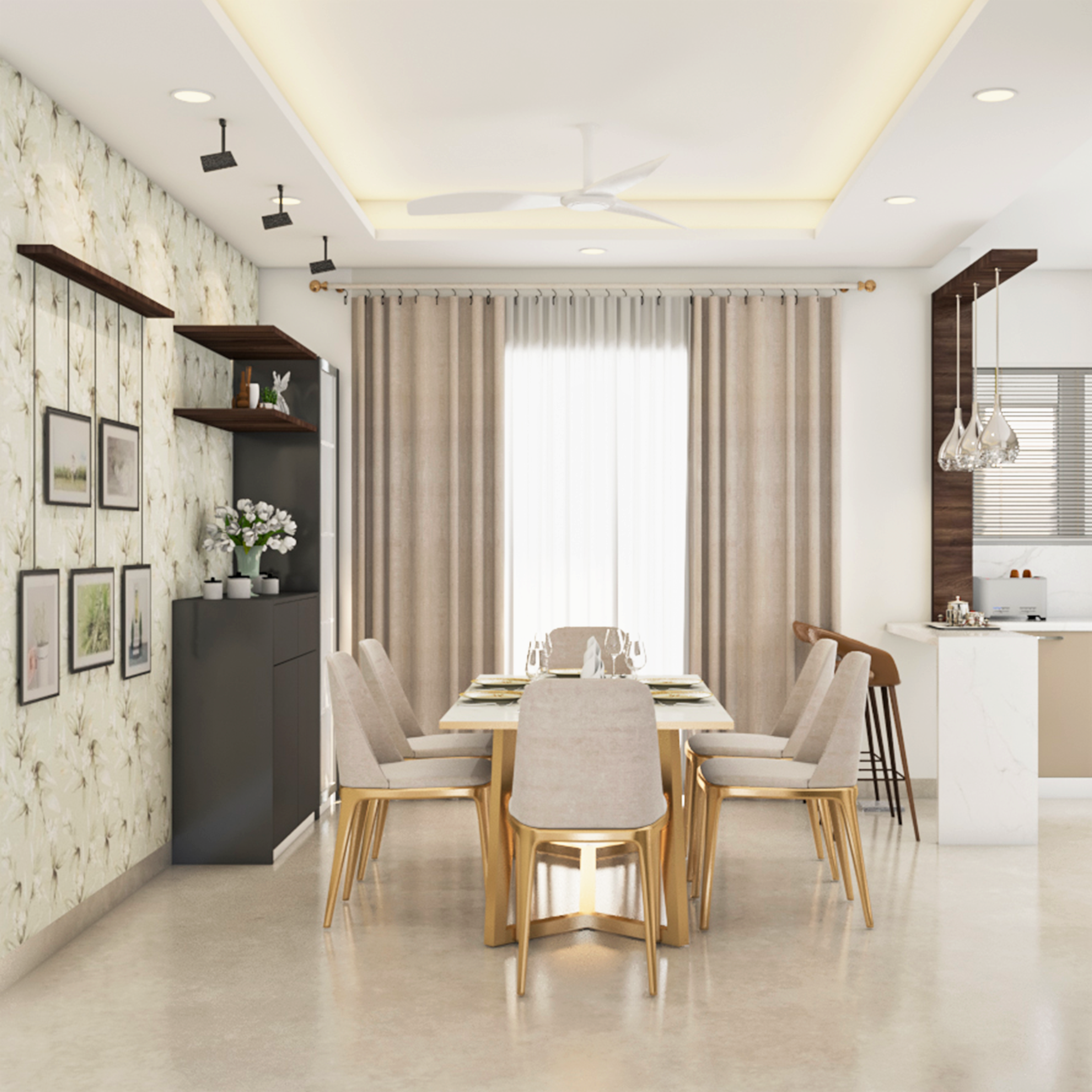 Spacious 6-Seater Dining Room Design with Focus Light