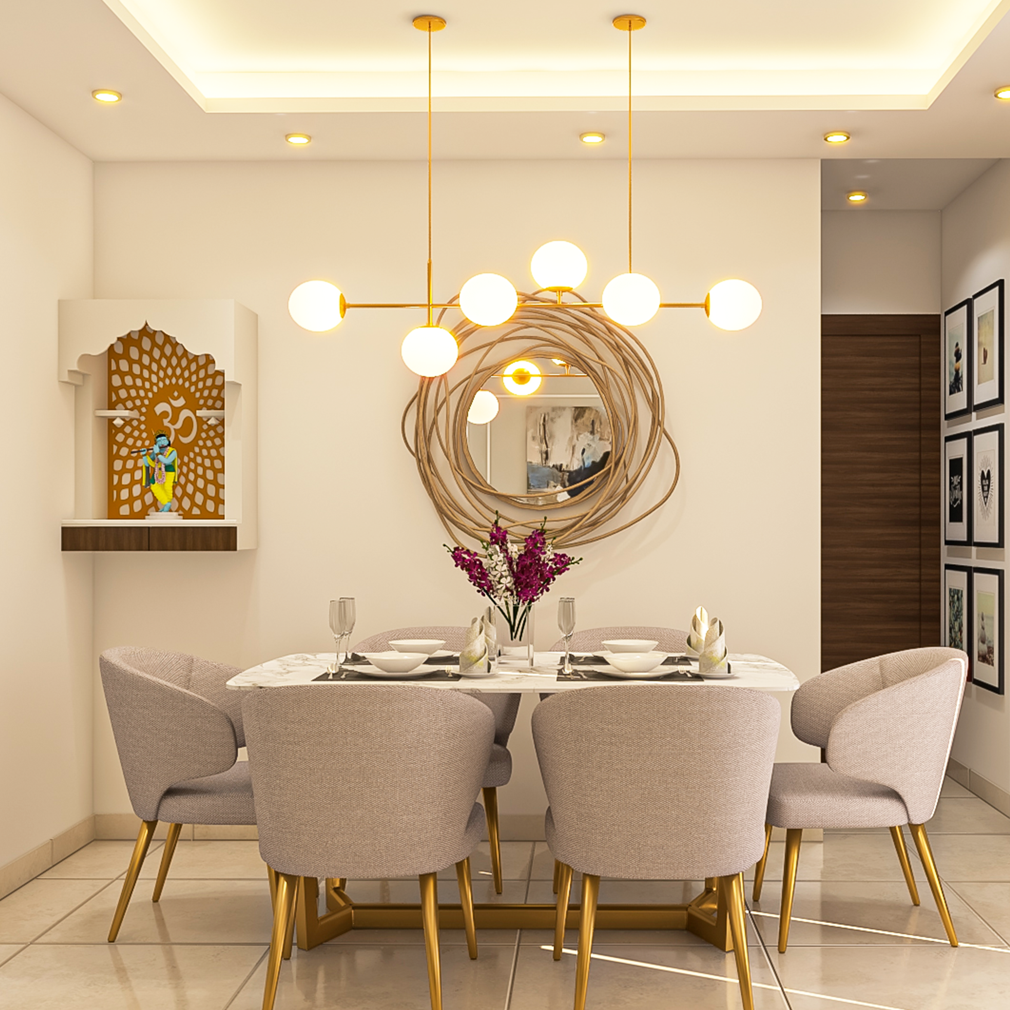 Spacious 6-Seater Dining Room Design with Wall Mirror