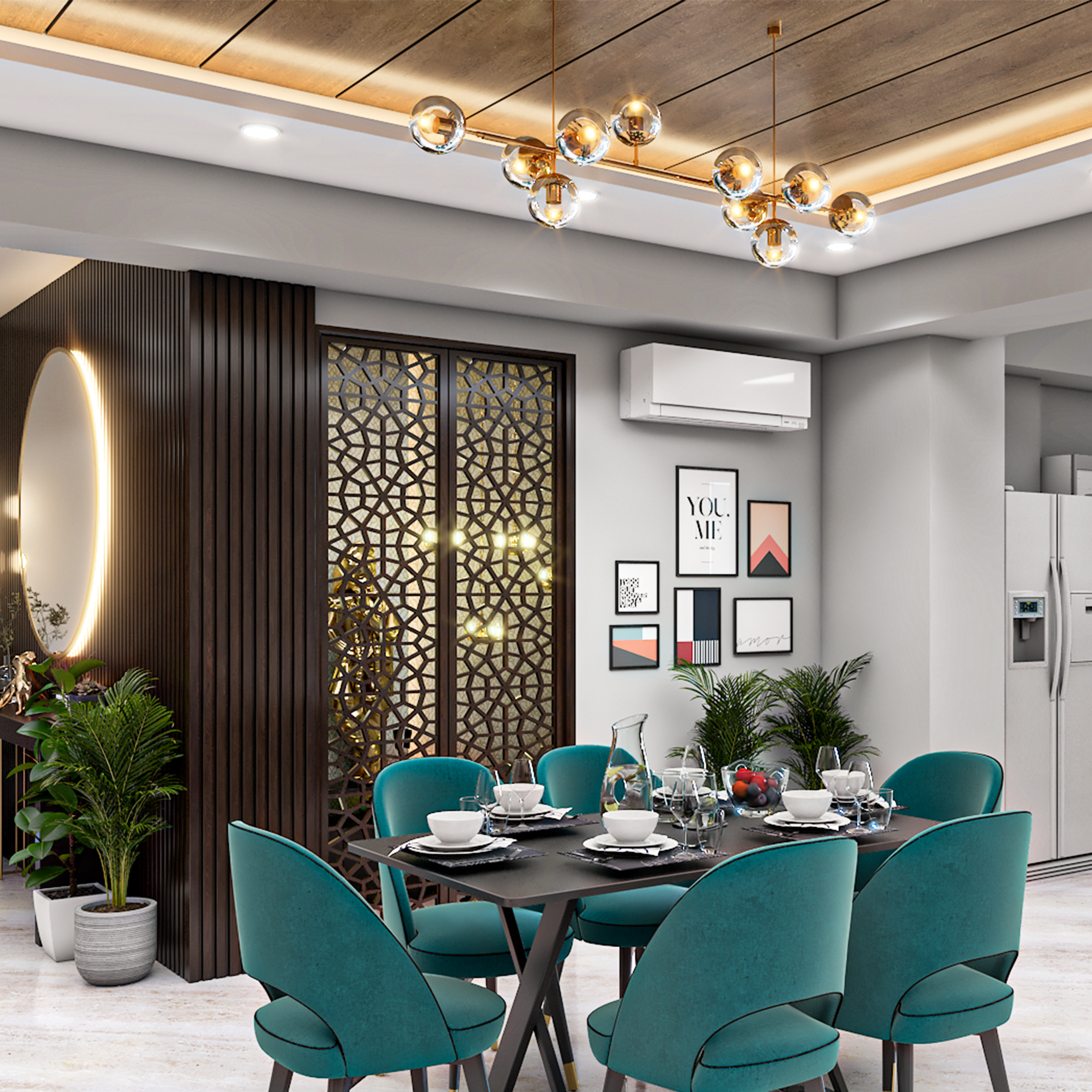 Turquoise 6-Seater Dining Room Design with Wall Frames