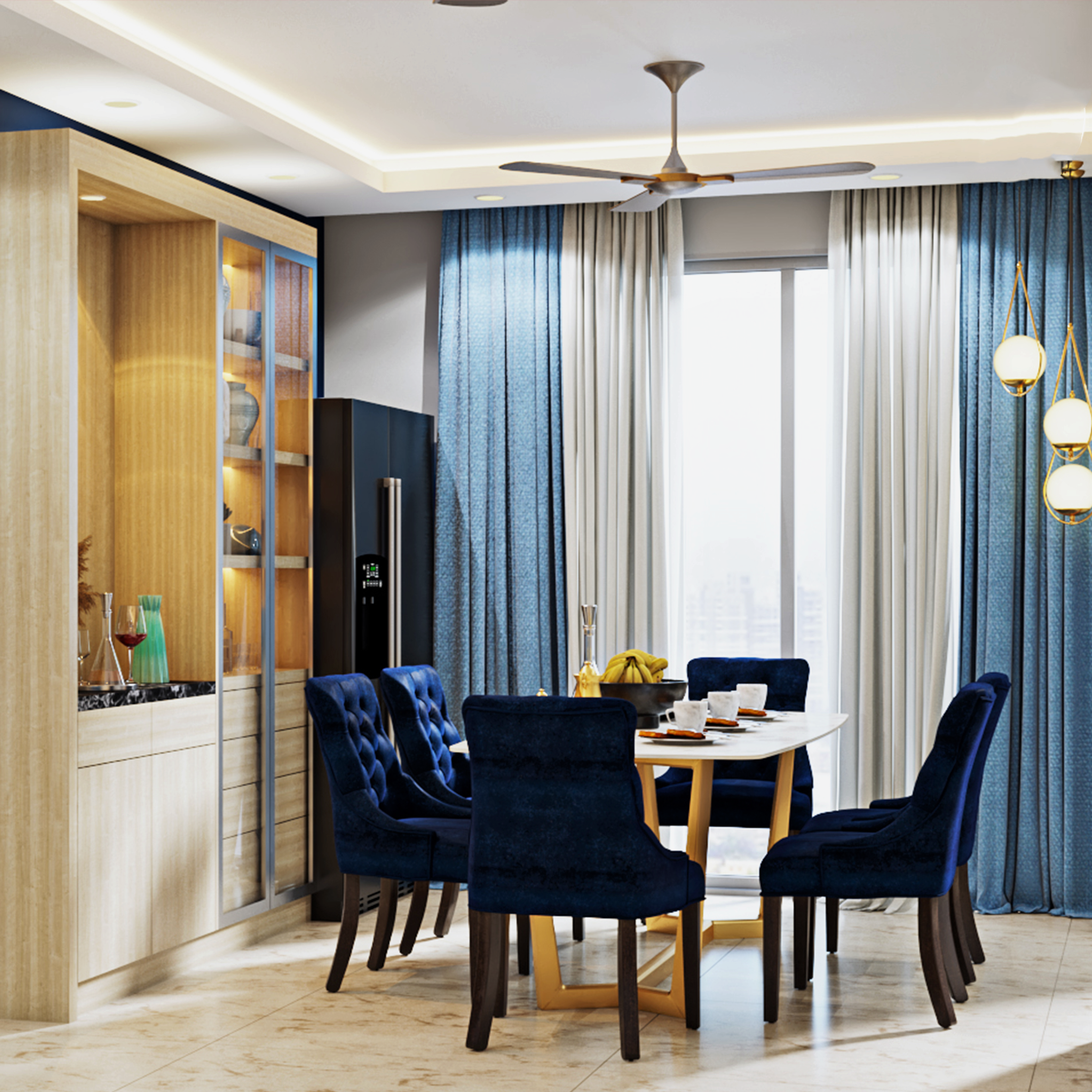 Modern Dark Blue 6-Seater Dining Room Design with Crockery Unit