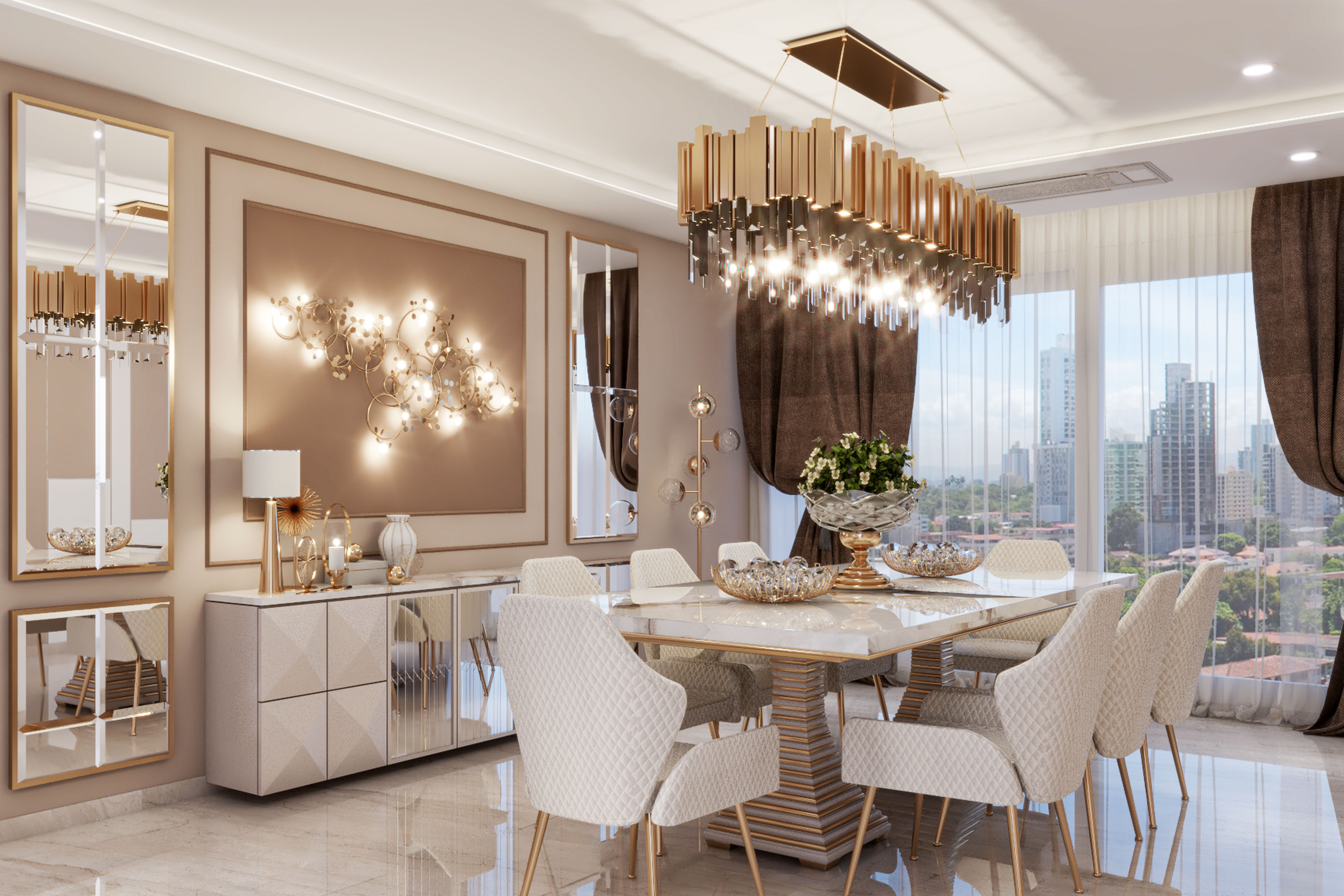 Spacious Classic 6-Seater Dining Room Design with Metallic Shine