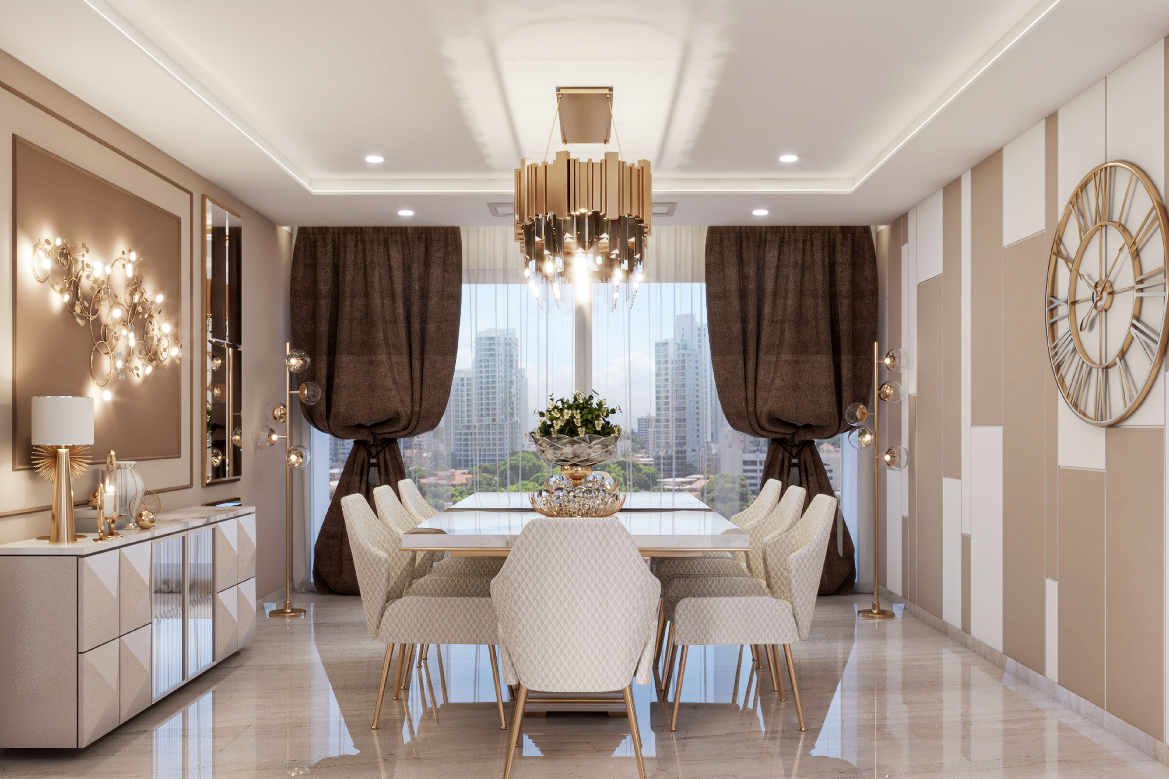 Spacious Classic 6-Seater Dining Room Design with Metallic Shine - Livspace