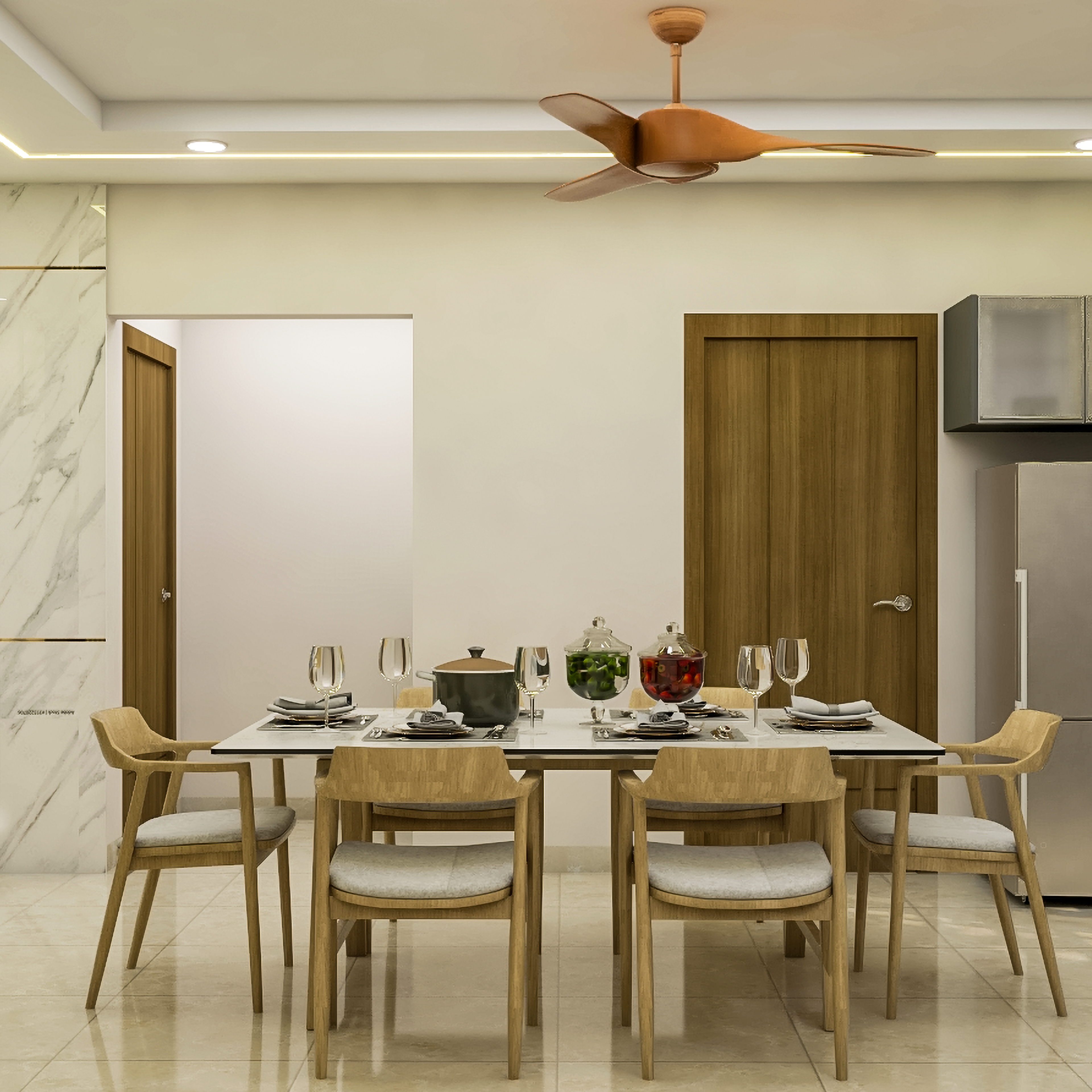Light Brown Modern 6-Seater Dining Room Design with Lighting