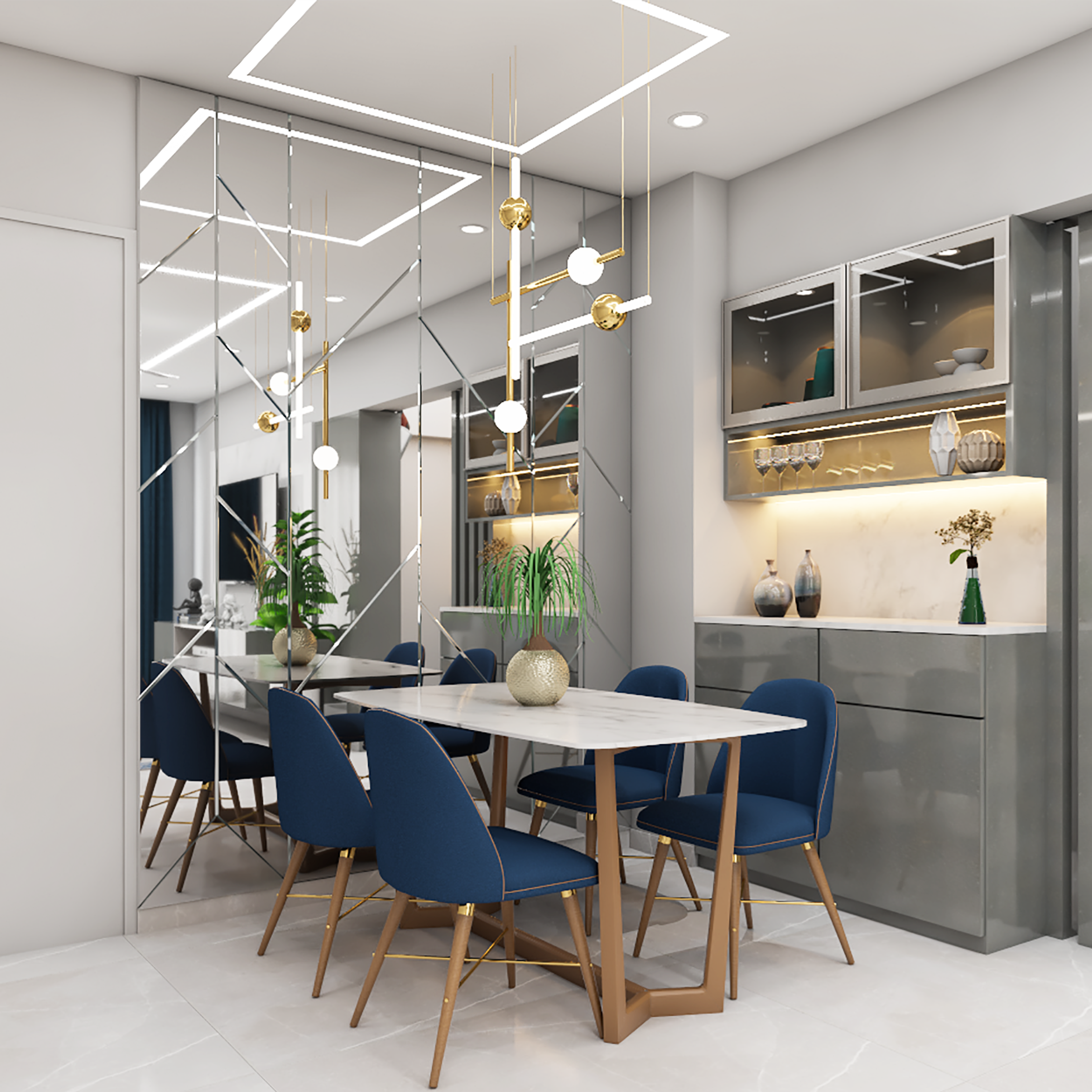 Blue Modern 6-Seater Dining Room Design with Crockery Unit