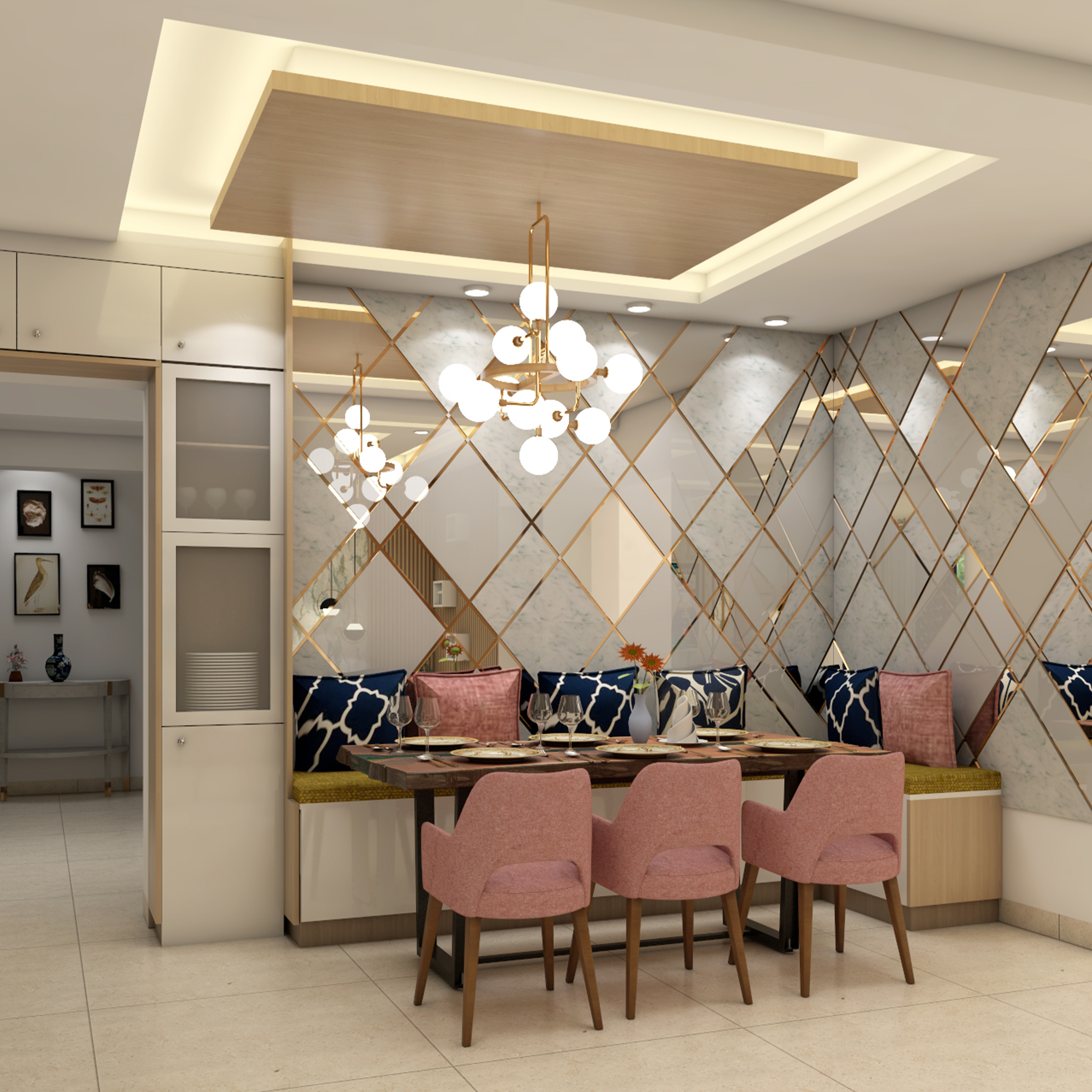 Spacious Dining Room Design with Bench and Mirrored Wall