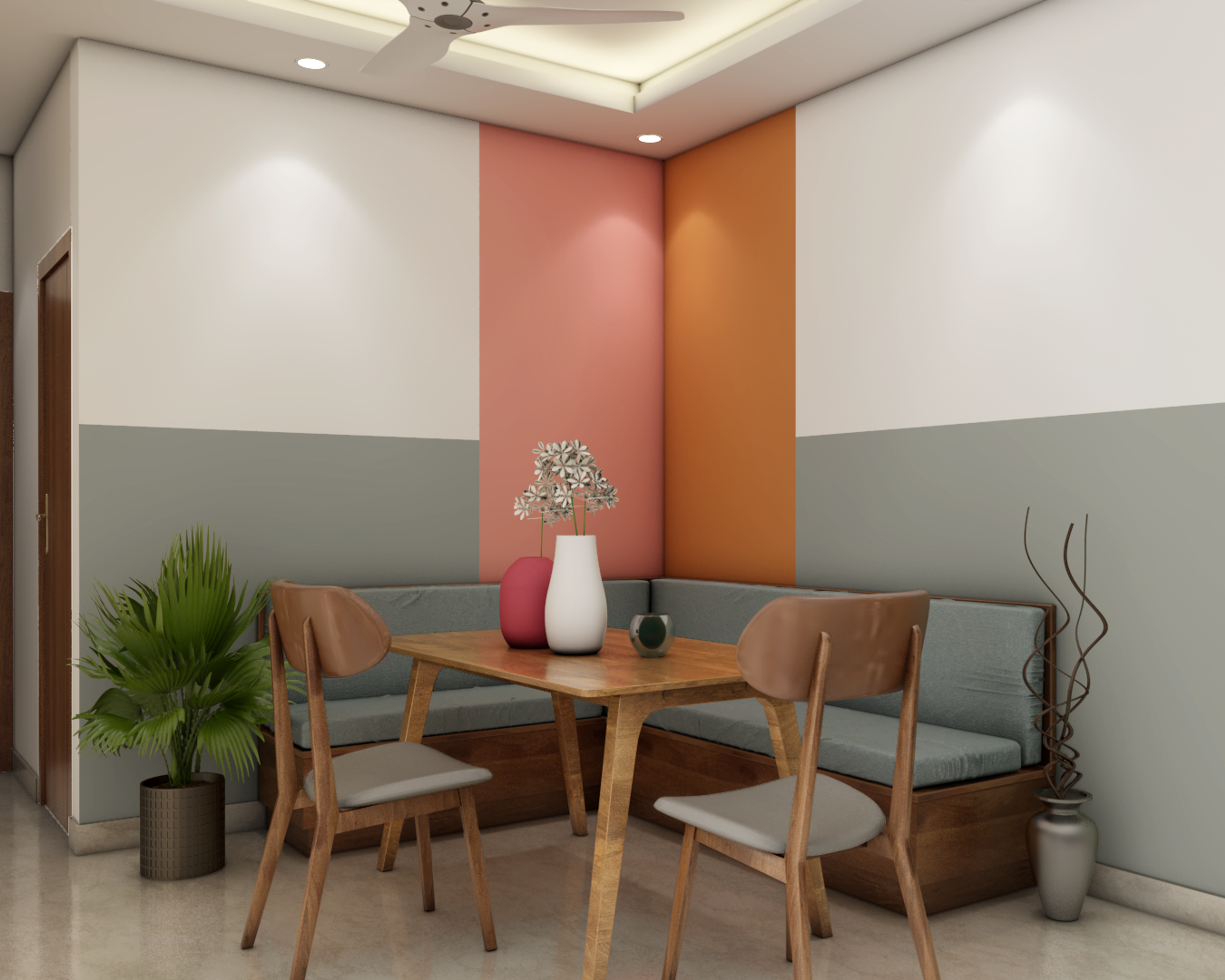Colourful Dining Room Design with Bench and 2 Chairs