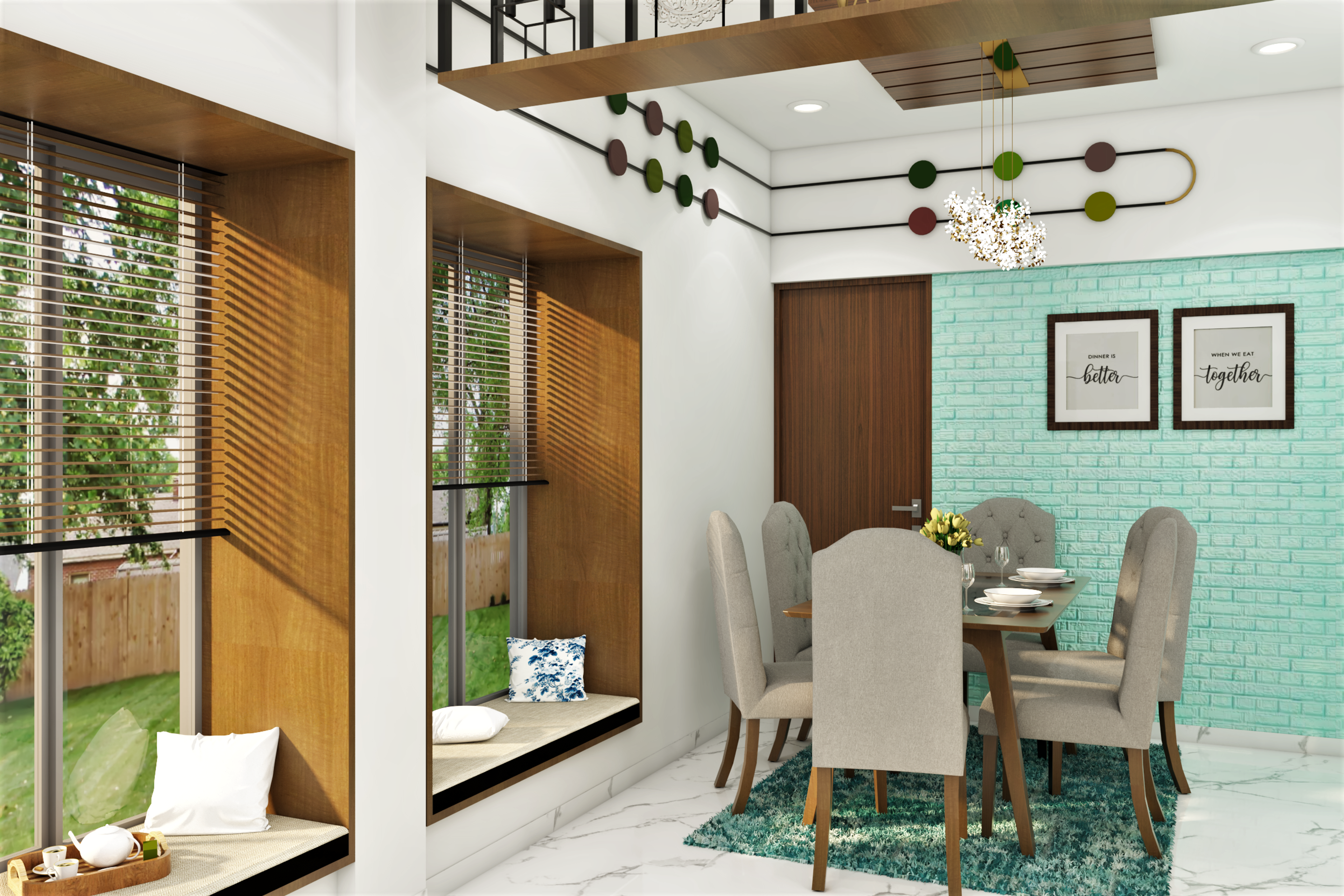 Modern Compact 6-Seater Dining Room Design with Green Wall