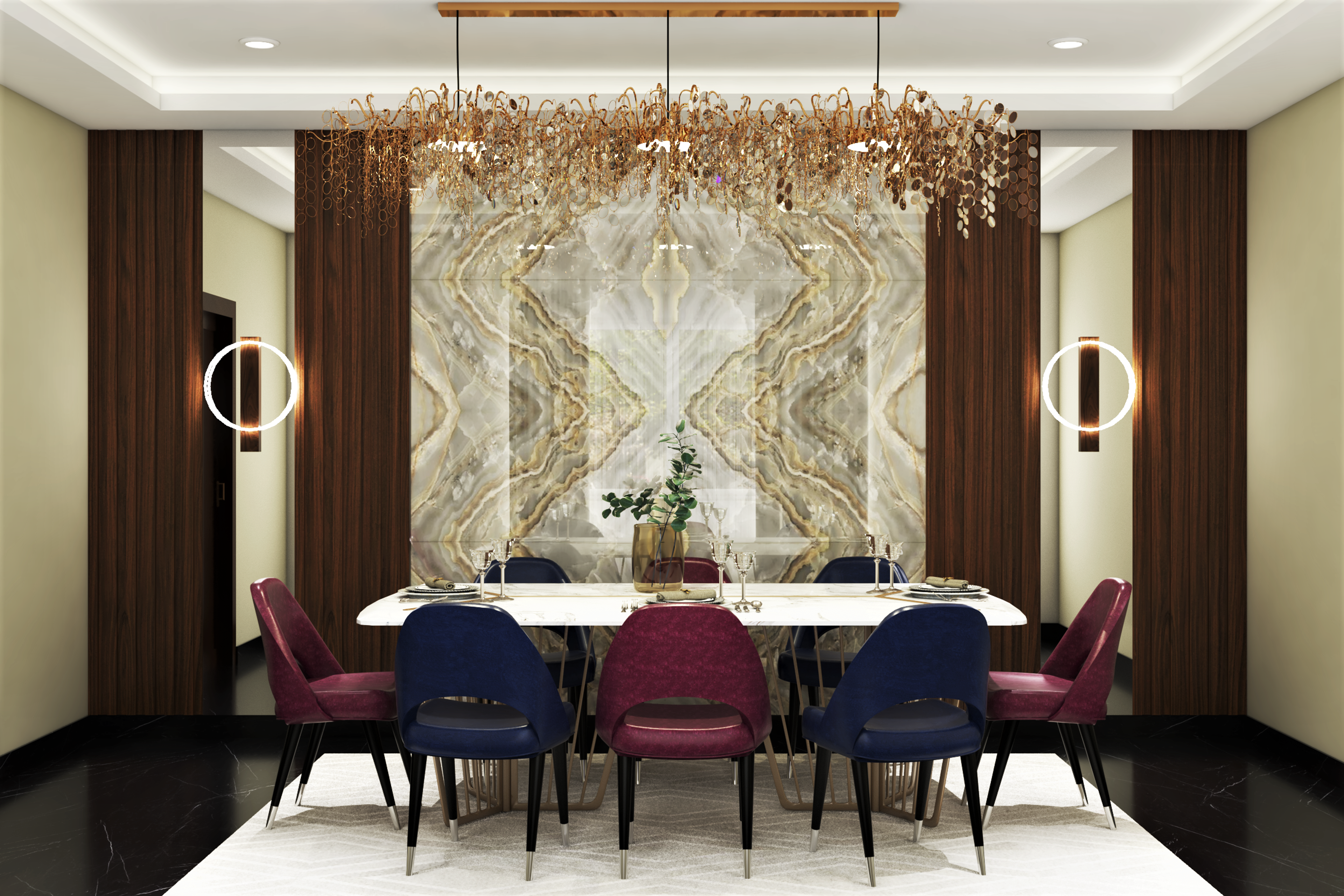 Classic Spacious  8-Seater Dining Room Design with Chandelier