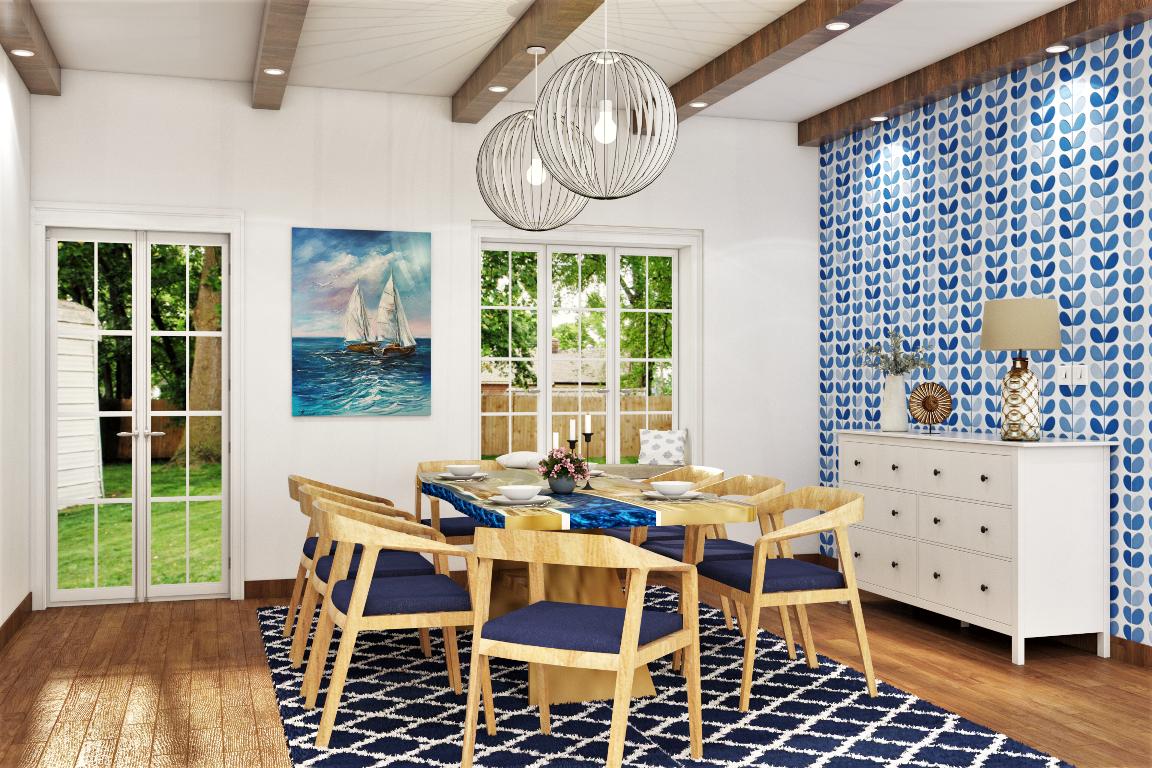 Blue Contemporary 8-Seater Dining Room Design with Storage Unit