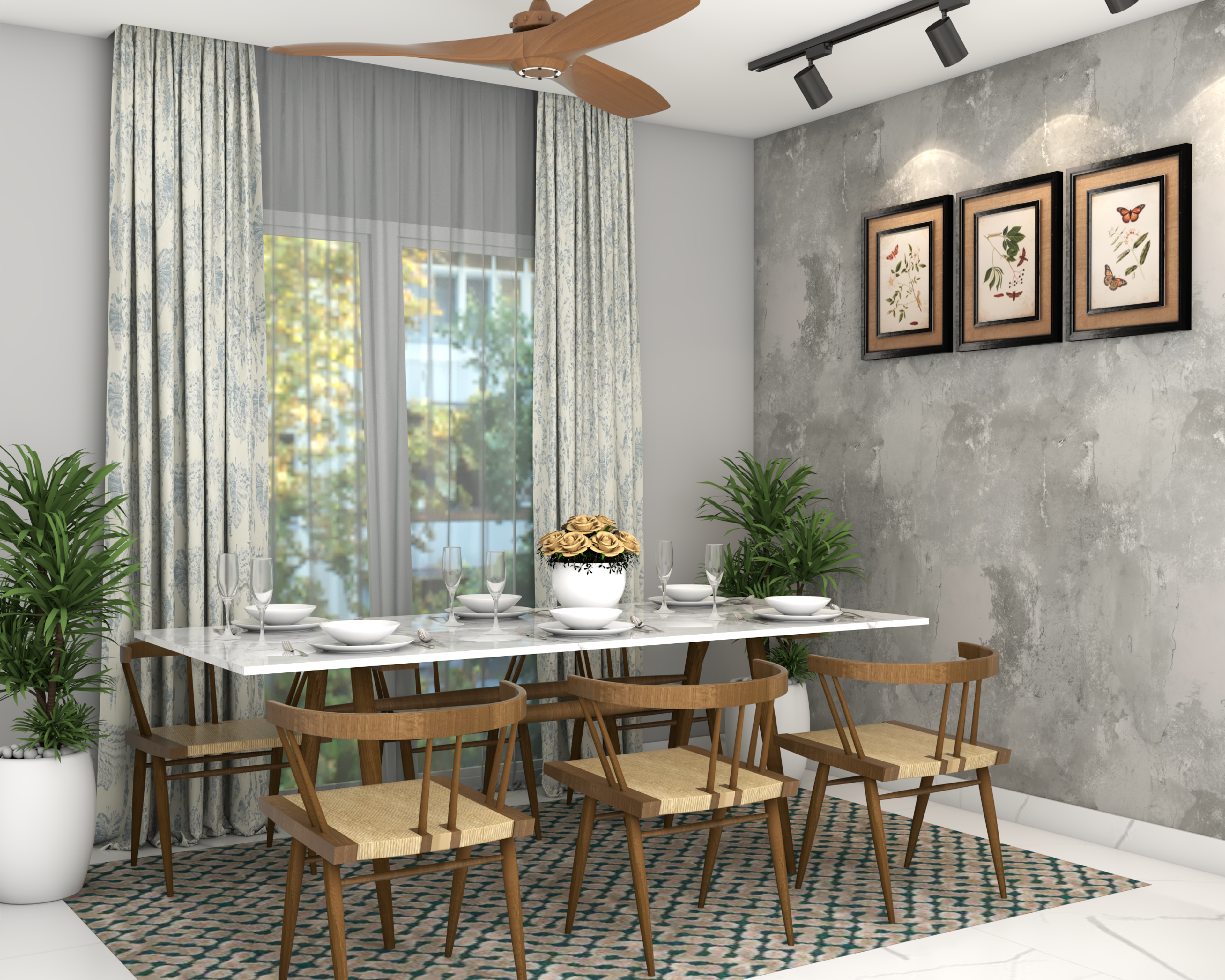 Grey and Brown 6-Seater Dining Room Design with Potted Plant