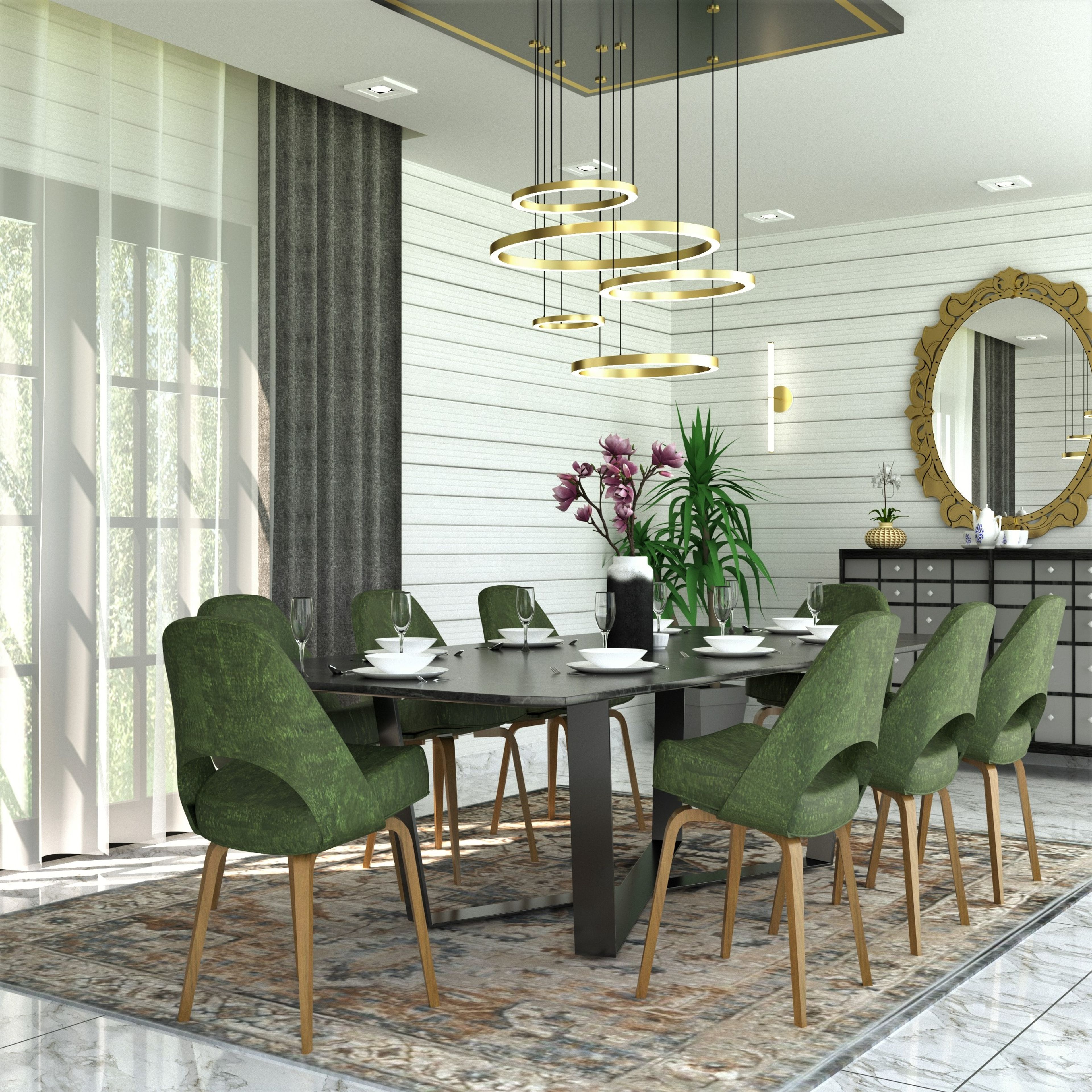 Classic 8-Seater Spacious Dining Room Design with Crockery Unit and Mirror