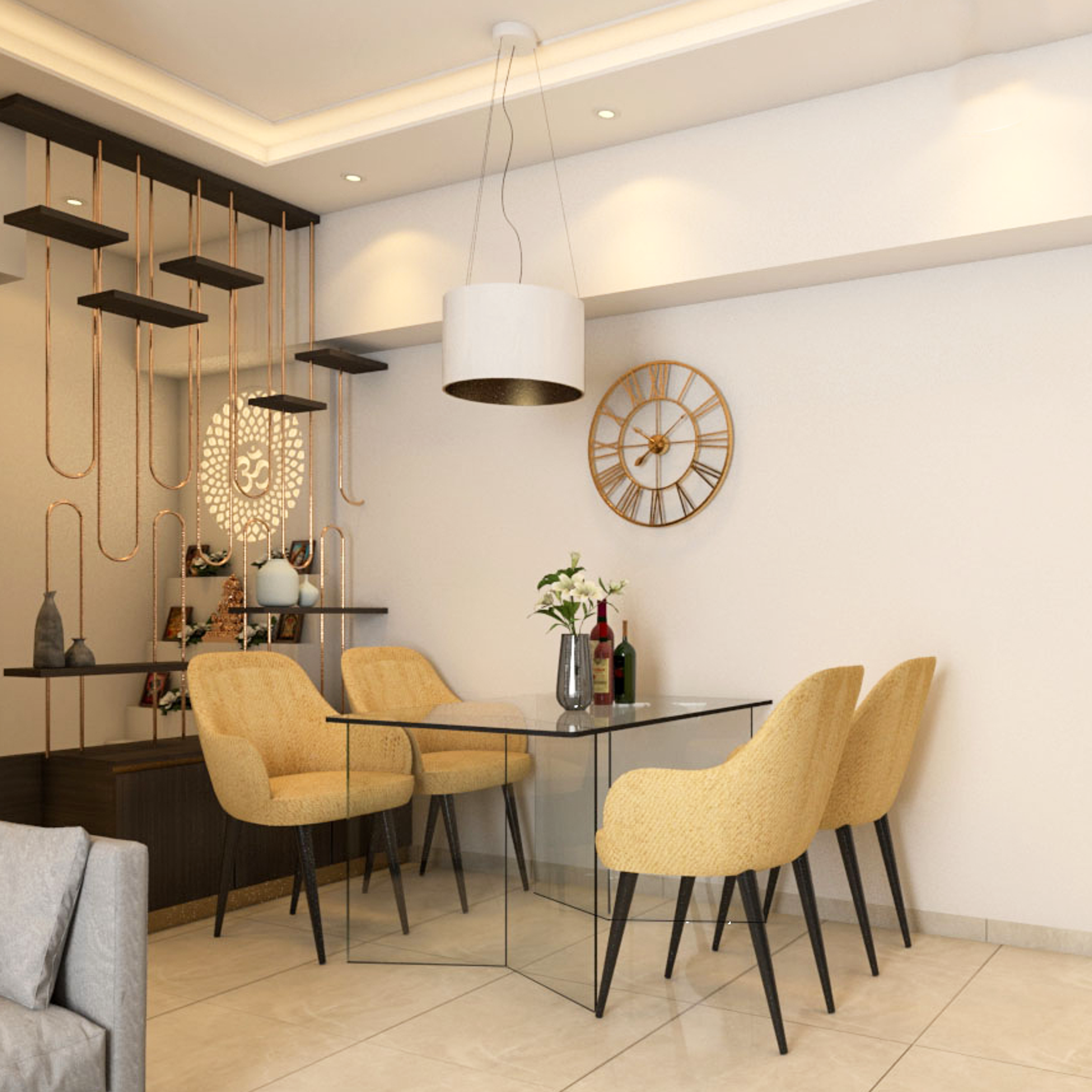 Modern Spacious 4-Seater Dining Room Design with Wall Clock