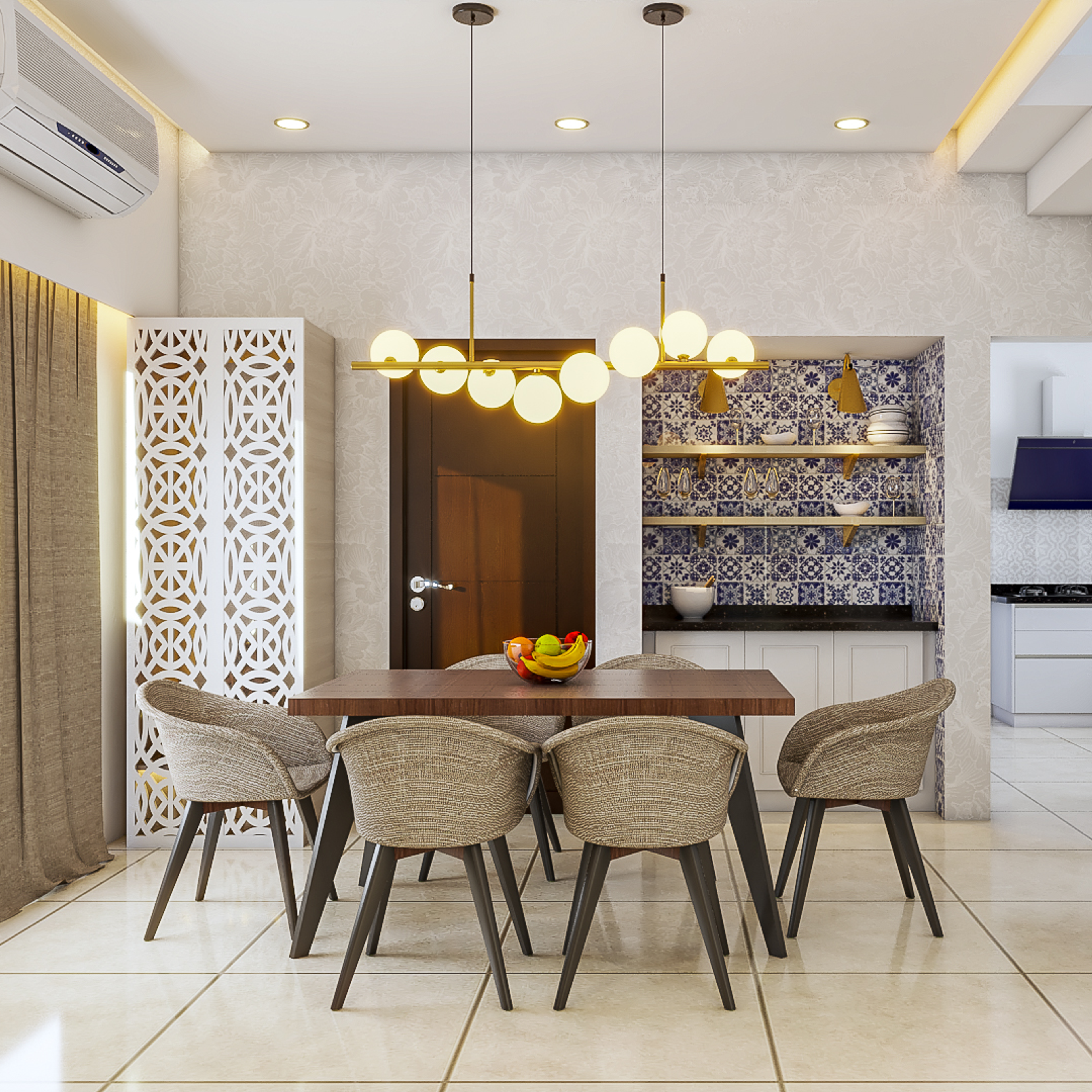 Classic 6-Seater Dining Room Design Idea with Drop Lights and Unit