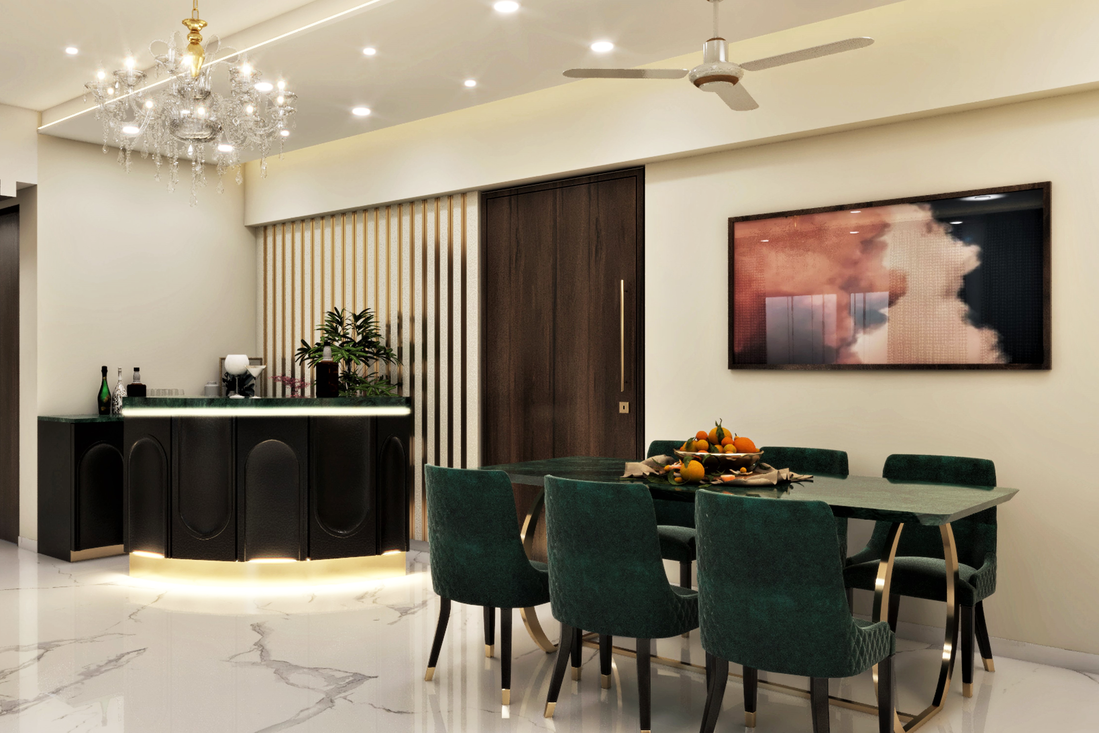 Classic Green Dining Chairs 6-Seater Dining Room Design Idea - Livspace