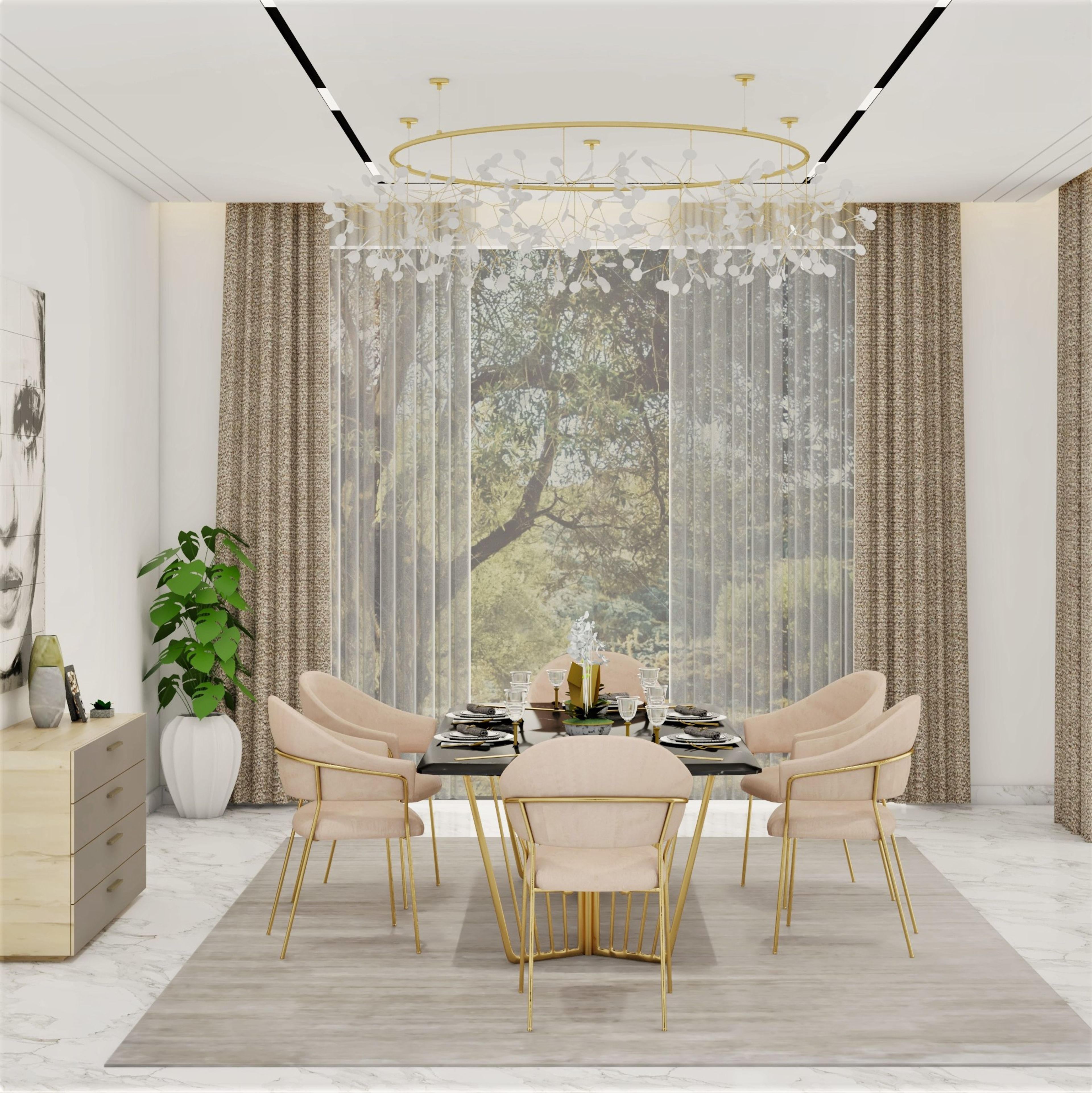 Contemporary 6-Seater Dining Room Design with Chandelier and Crockery Unit