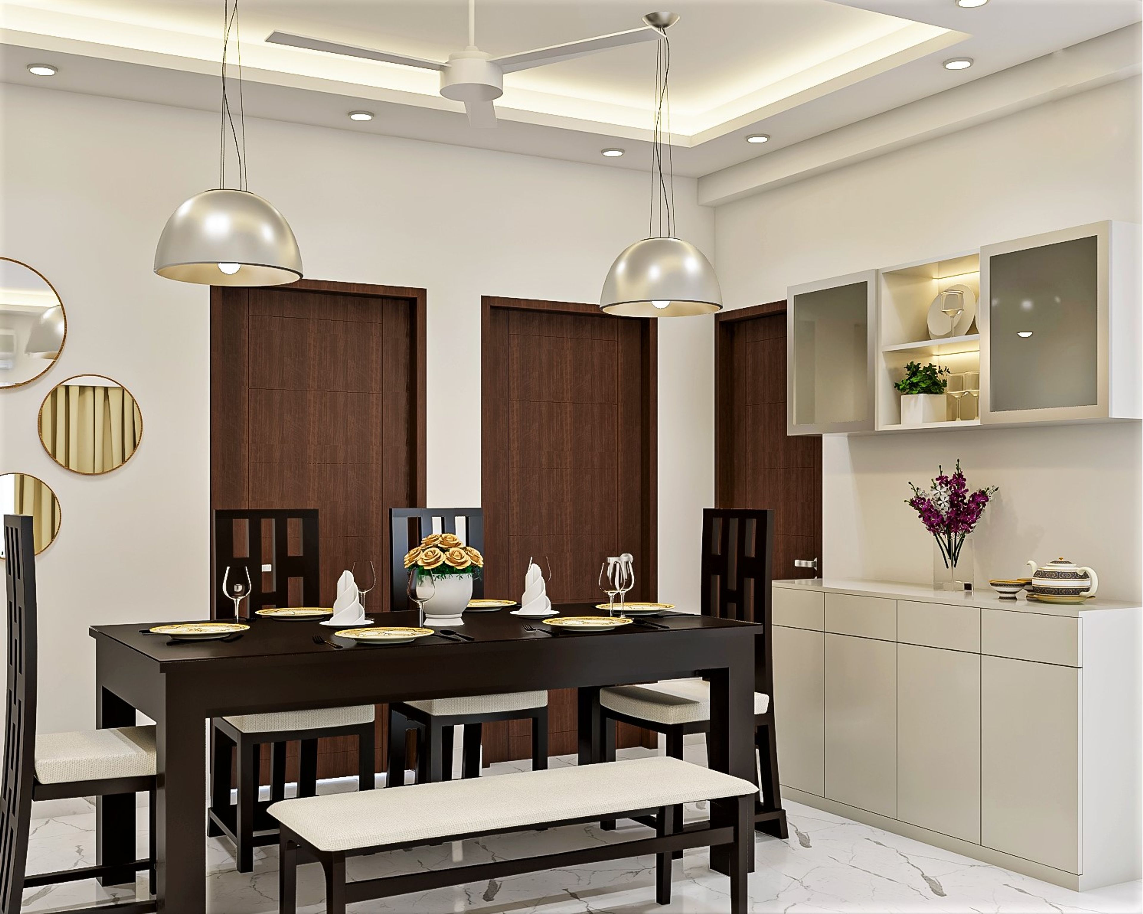 Dark Wood Modern Dining Room Design with Bench and Storage Unit