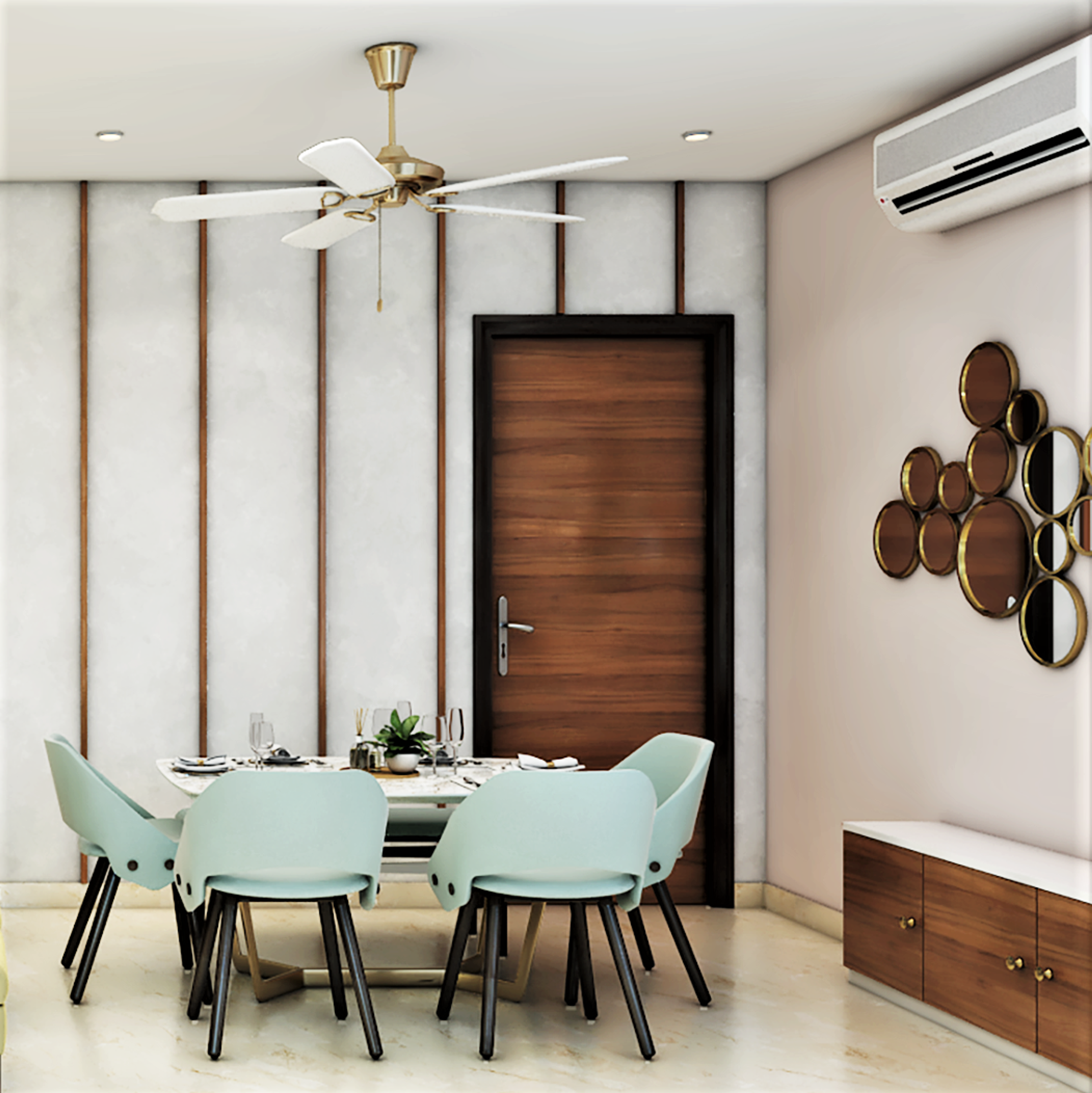 Mint Green and Brown Contemporary Dining Room Design with Mirror