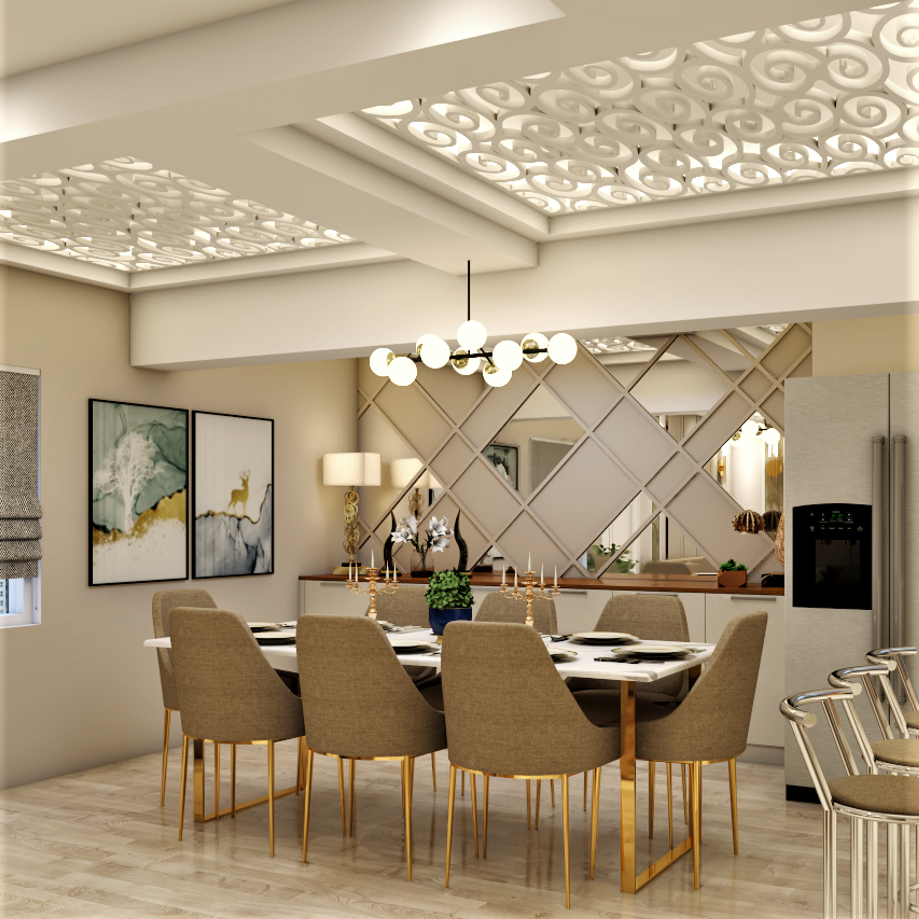 Spacious 8-Seater Dining Room with Crockery Unit and Mirrored Wall