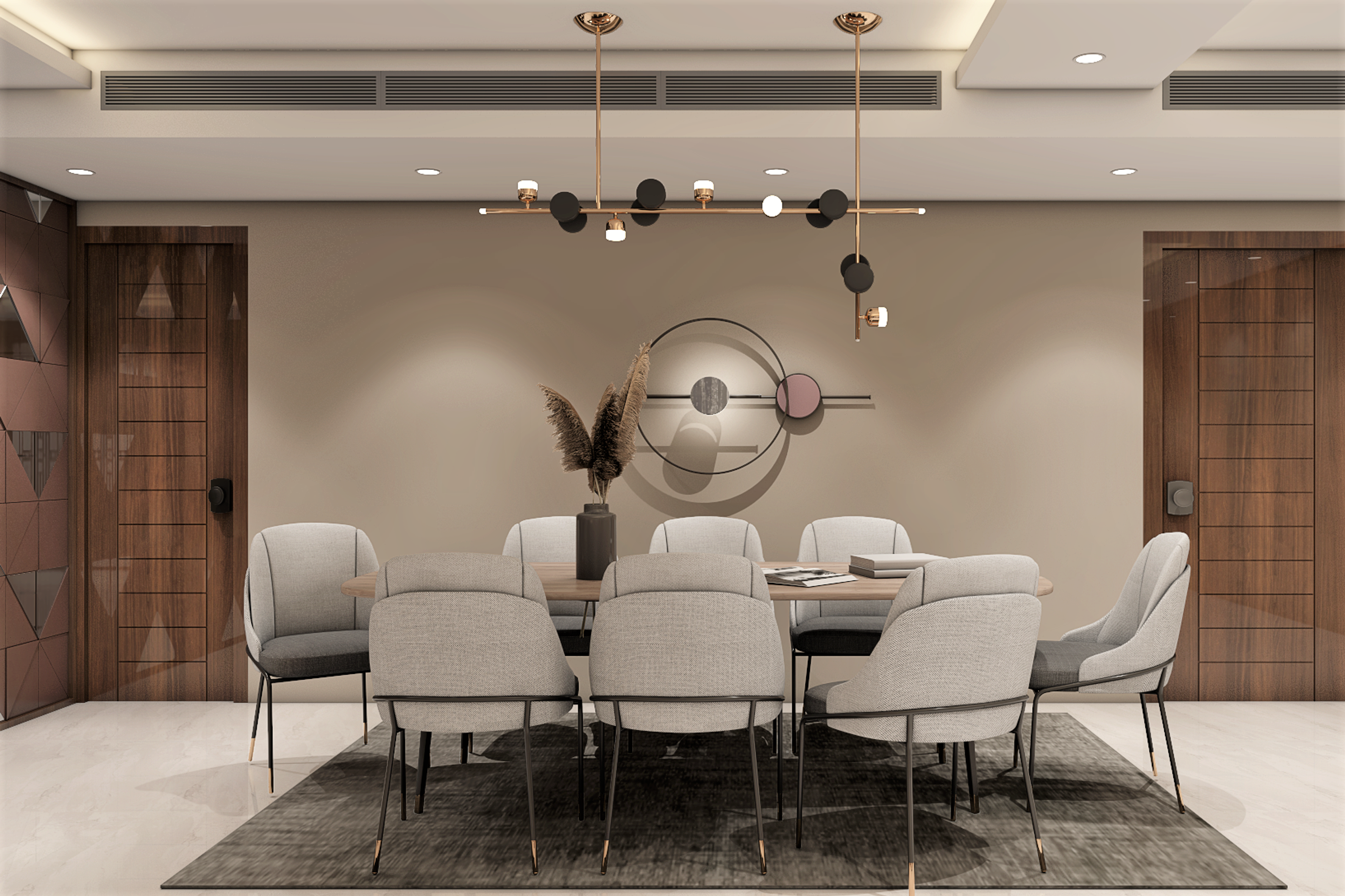 Modern Spacious 8-Seater Dining Room Design with False Ceiling