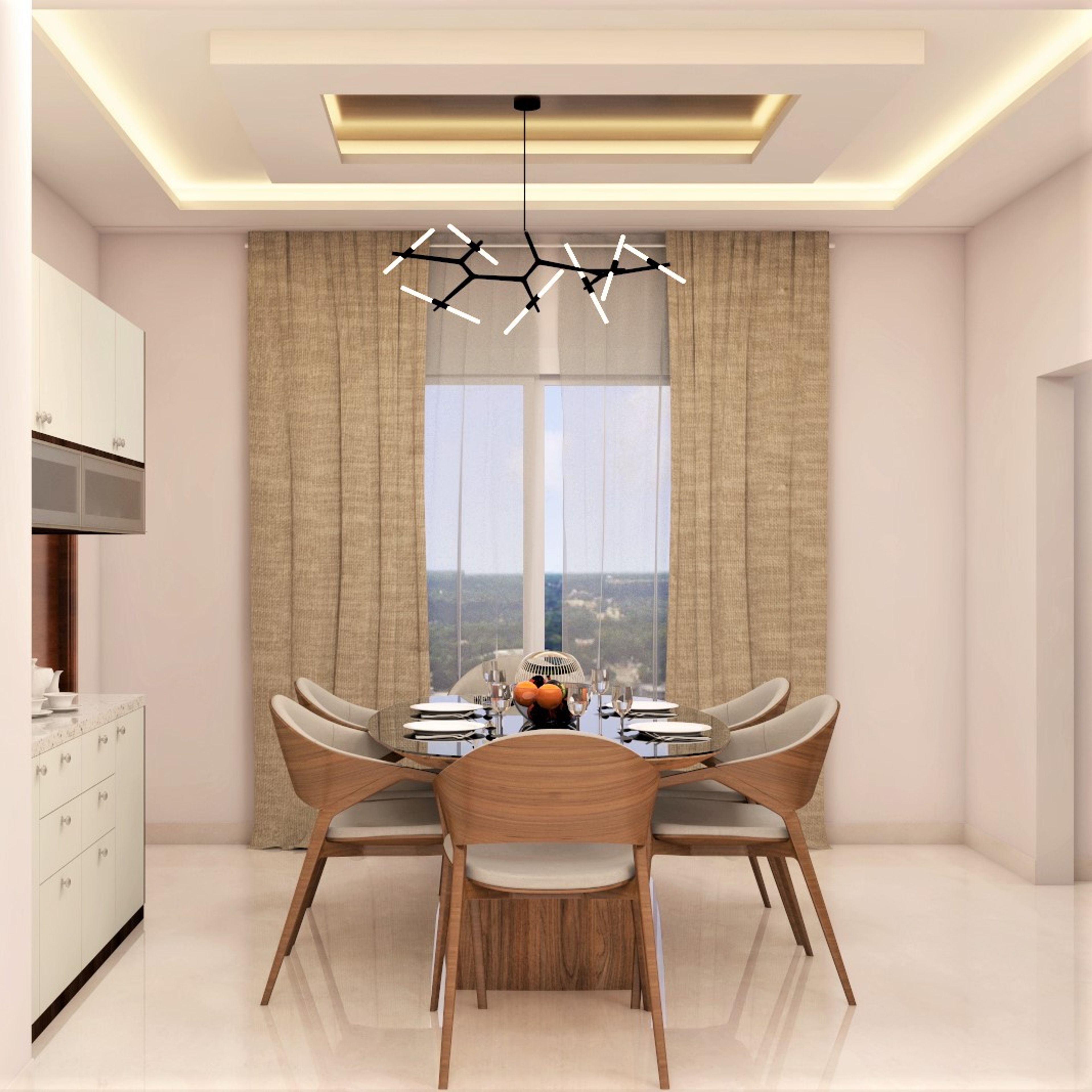 Modern Beige Themed Compact Dining Room Design - Livspace