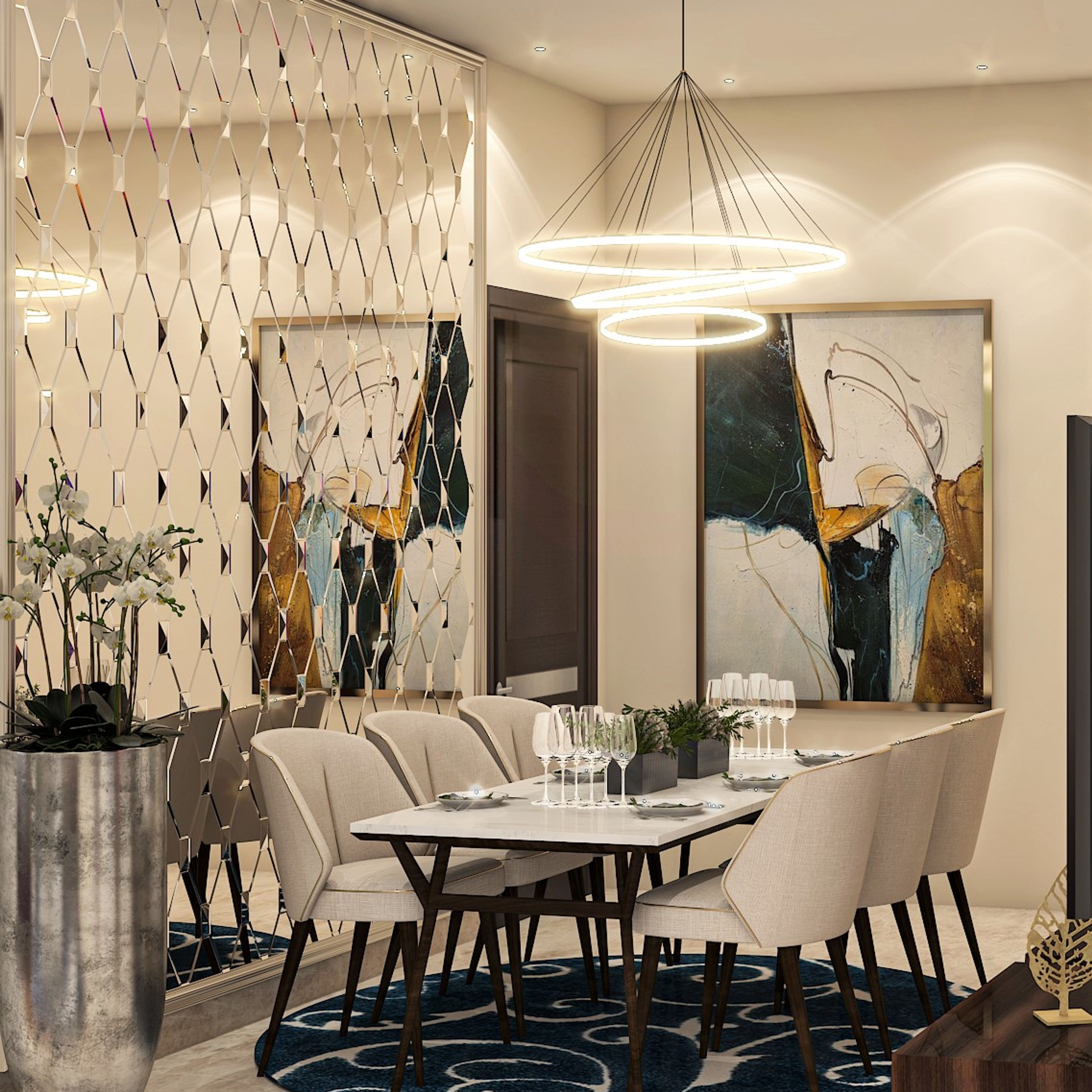 Spacious Contemporary Dining Room With Mirror Work - Livspace