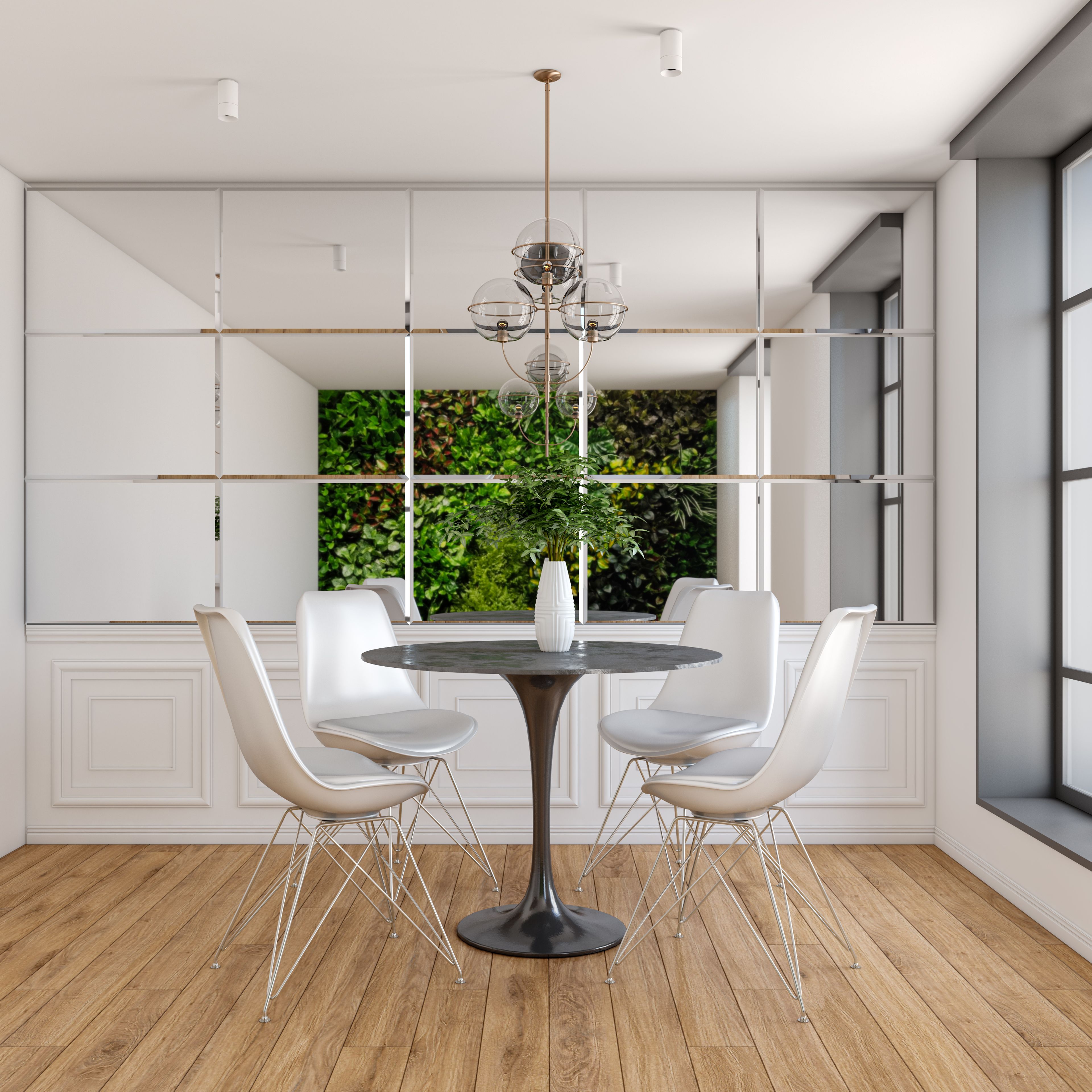 Well-Lit Dining Room With Mirror & Contemporary Interiors - Livspace